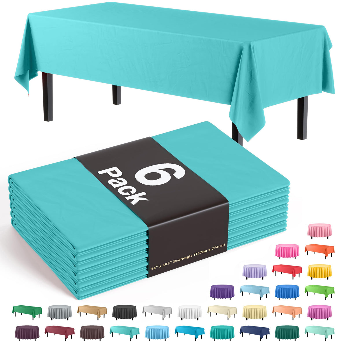 Exquisite 6-Pack Premium Plastic Tablecloth 54In. X 108In. Rectangle Plastic Table Cover - Aqua