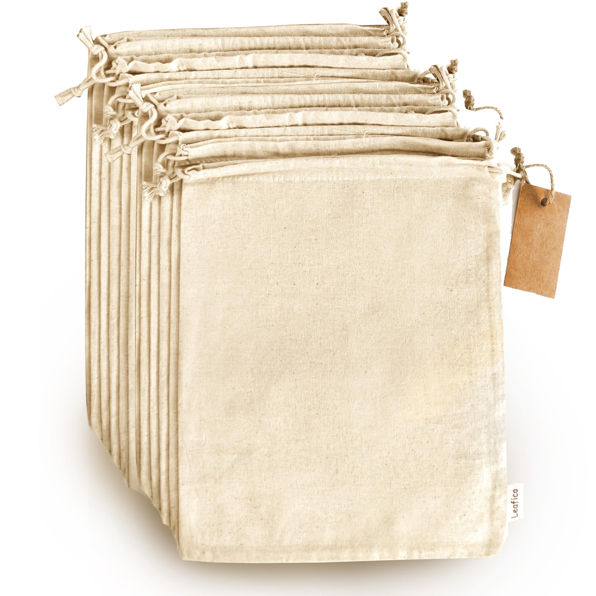 LEAFICO Organic Cotton Produce Bags - Medium 8x10 Inch (12 Bags) - Reusable Muslin Storage Bags with Drawstrings - Biodegradable
