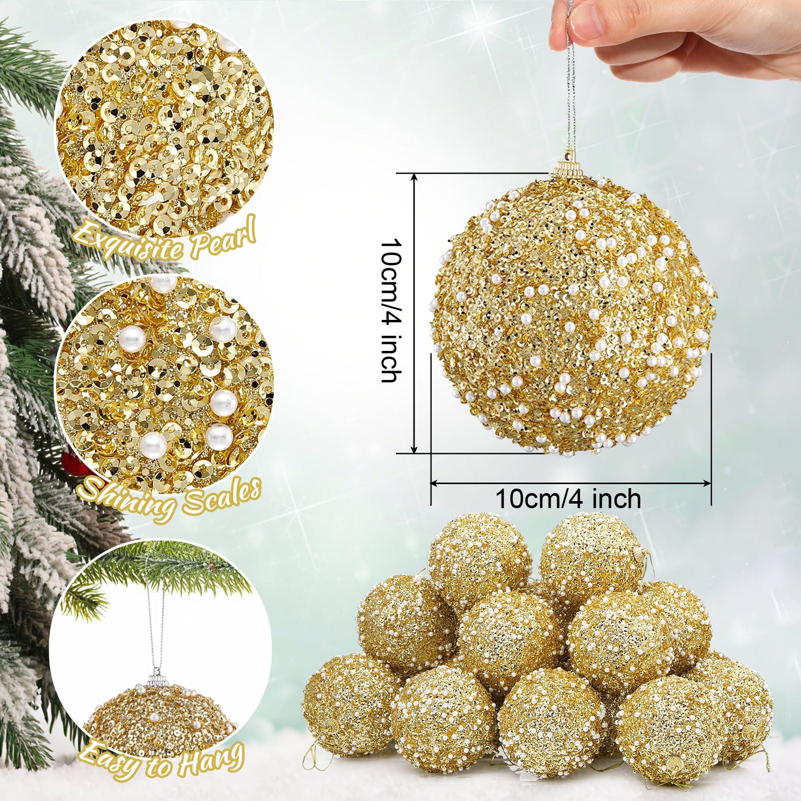 Lyrow 12 Pcs Large Glitter Christmas Ball Ornament 4 Inch Vintage Foam Christmas Tree Balls Sequin Hanging Ornament for Xmas Tre