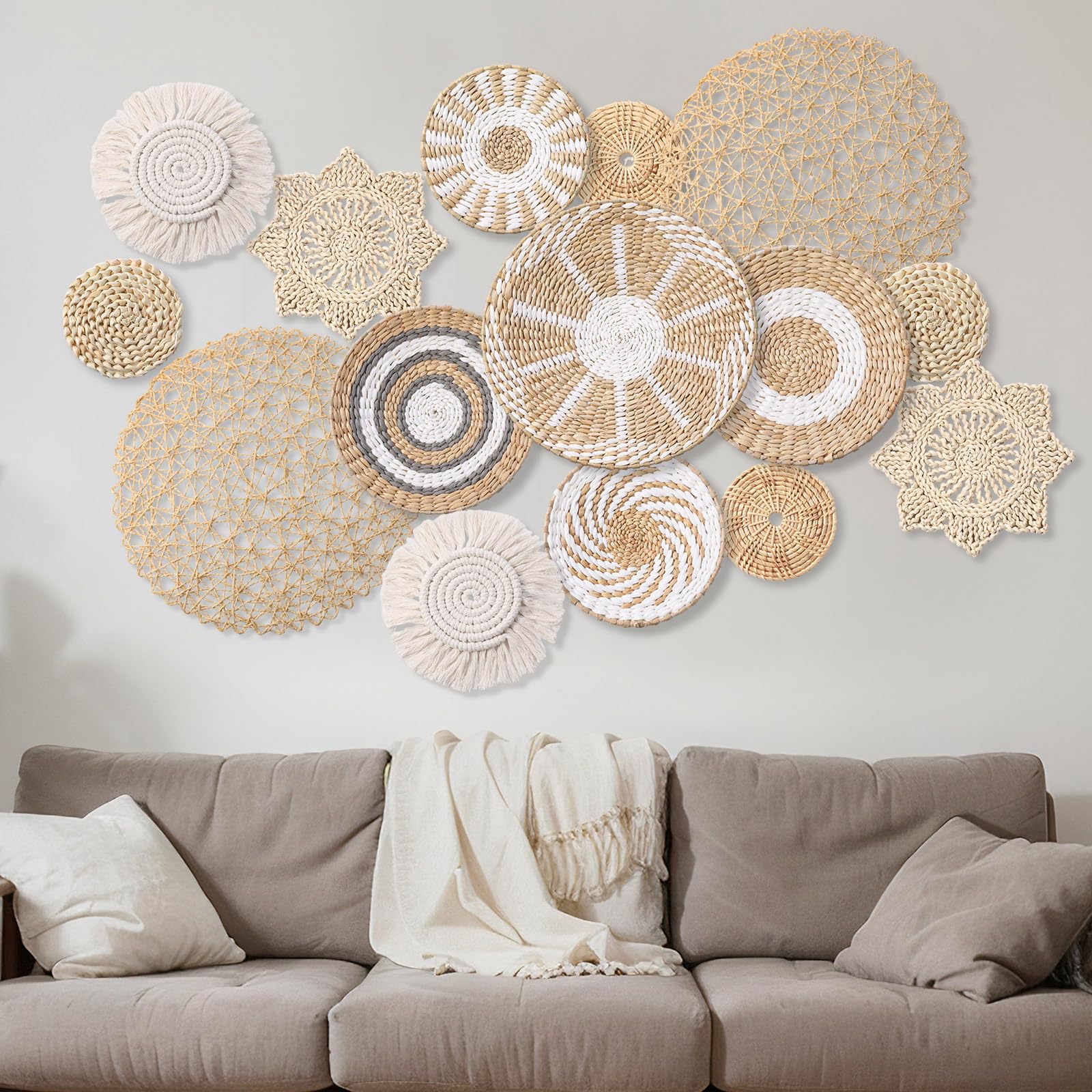 Anglechic 15 Pcs Boho Wall Basket Decor Woven Rattan Seagrass Wall Decor Hanging Rustic Farmhouse Western Wall Art Decoration Fo