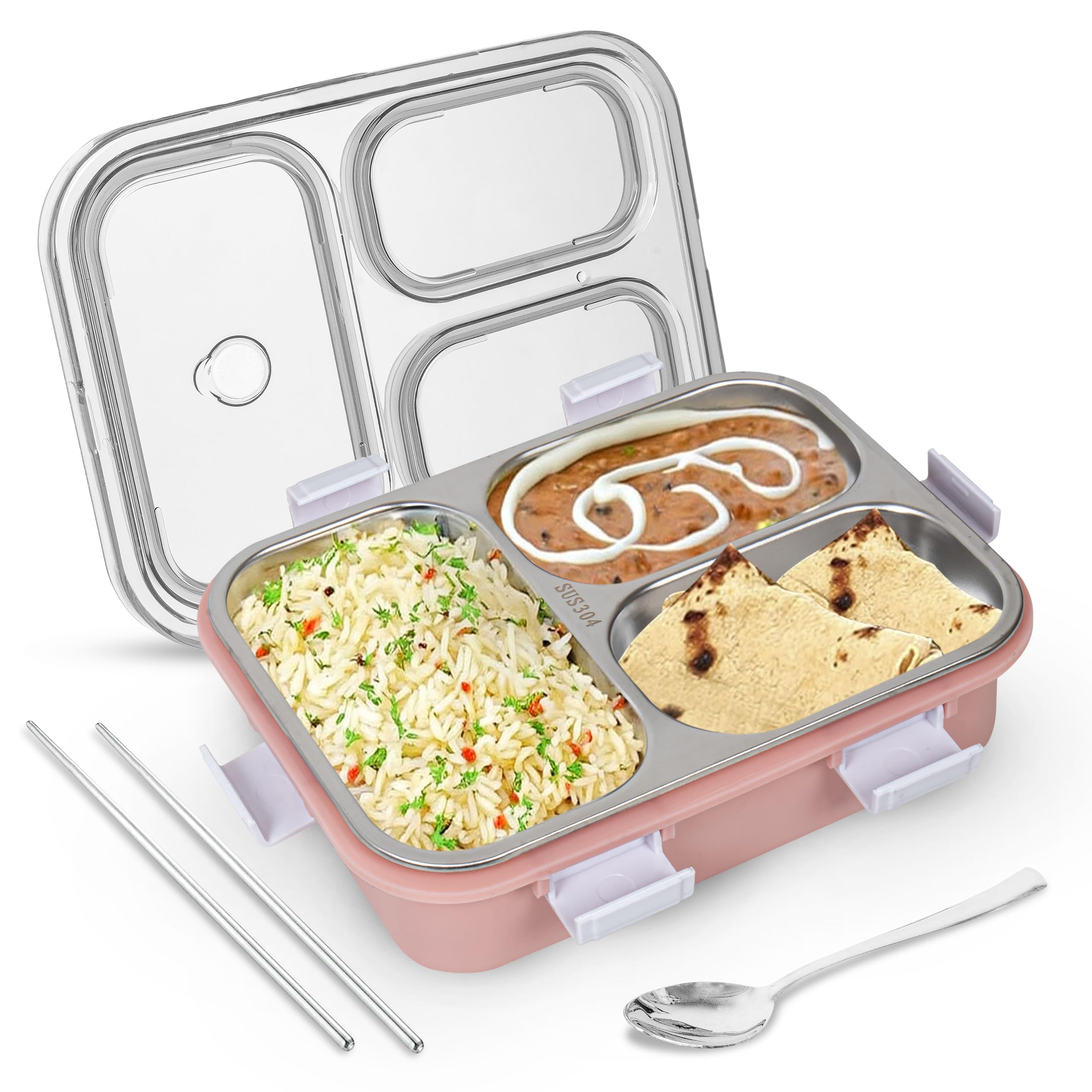Tekcool Lunch Box For Adults - Lunch Box For Kids - With Spoon & Fork - Stainless Steel Lunch Box With 3 Compartment - Durable P