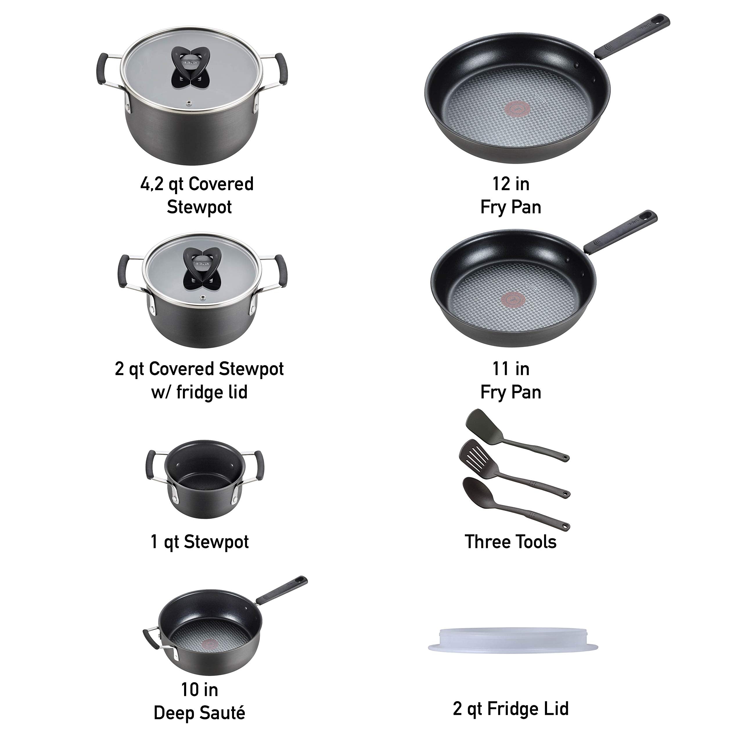 T-fal All In One Hard Anodized Nonstick cookware Set 12 Piece Pots and Pans, Dishwasher Safe Black