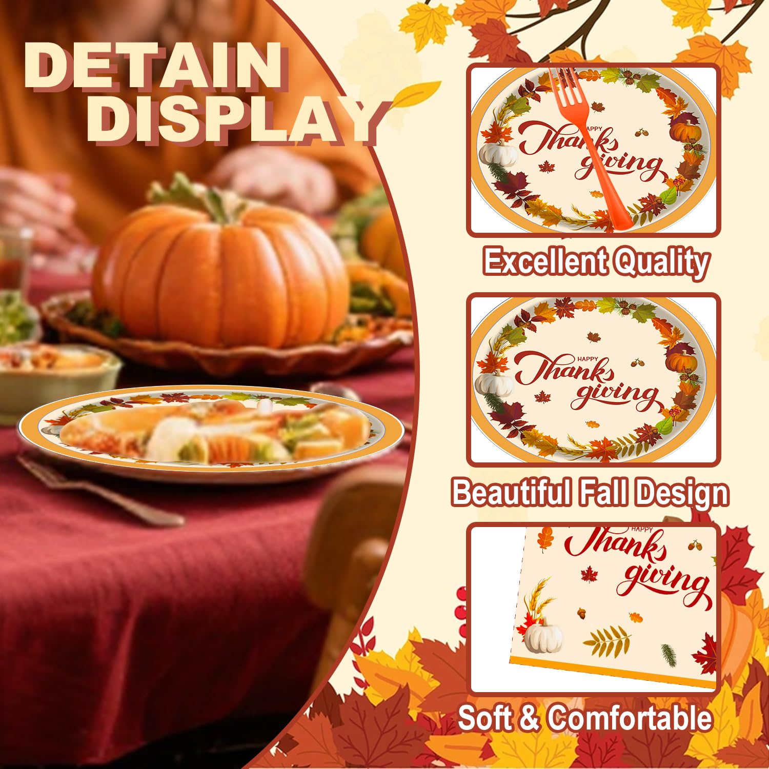 250pcs Thanksgiving Paper Plate Tableware Set with Utensils, Fall Party Supplies Dinnerware Serve 50 Guest, Maple Disposable Pla