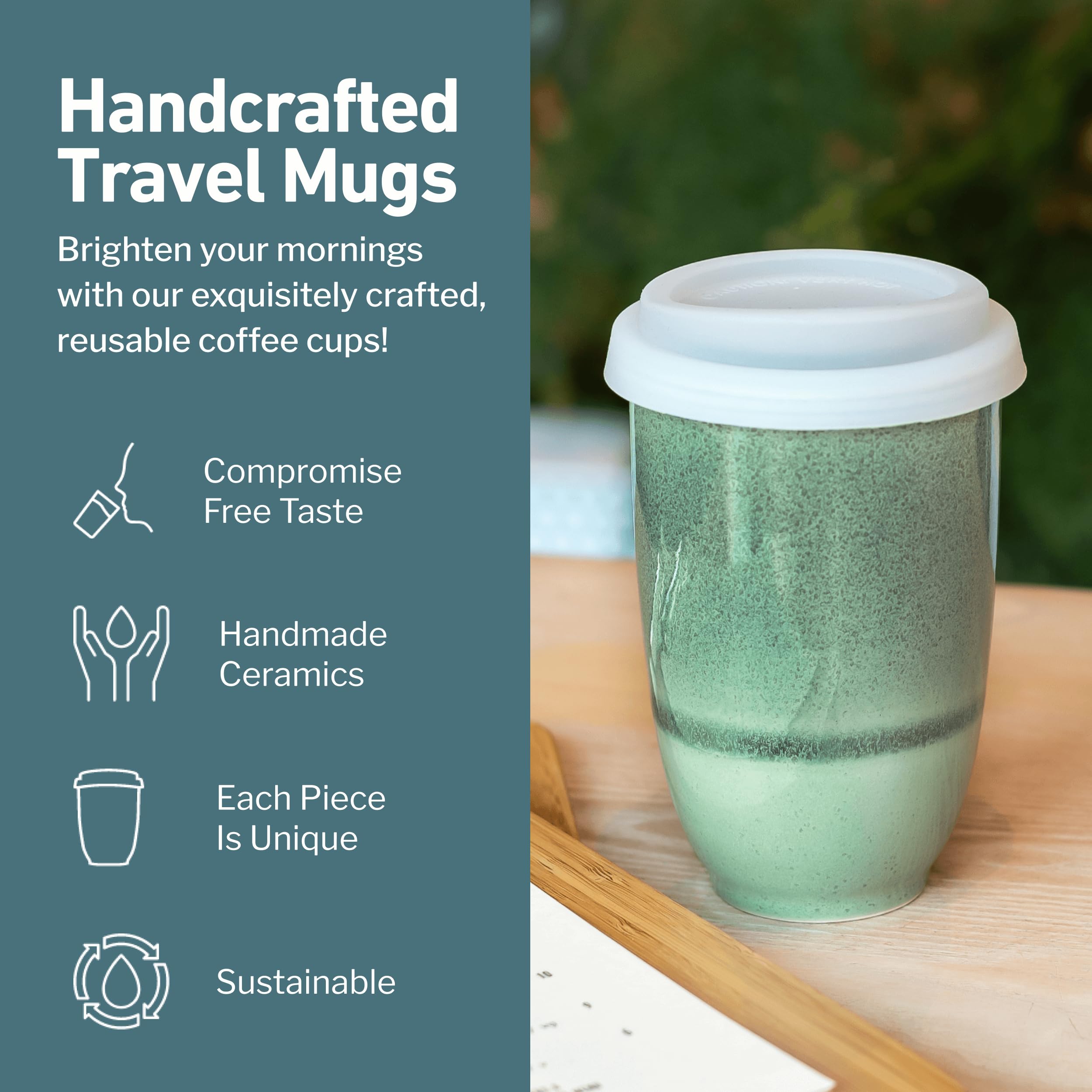 NOVA CERAMICS Travel Mug - Travel Coffee Tumbler - On the Go Coffee Mug - Microwave & Dishwasher Safe Green CoffeeTumbler - Gift