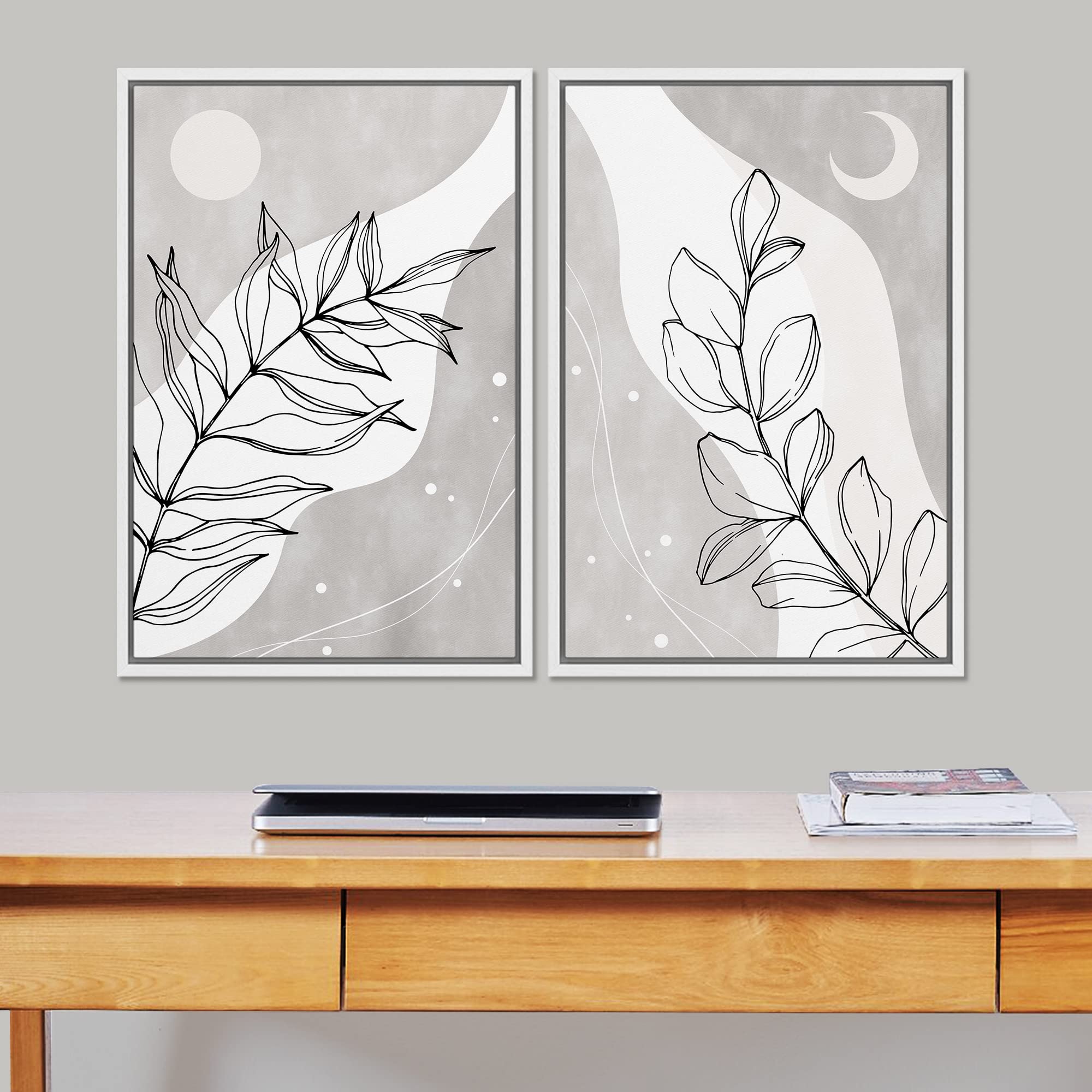Signford Framed Wall Art Print Set Retro Black White Sun Moon Forest Leaves Floral Nature Illustrations Modern Minimalist Relax/