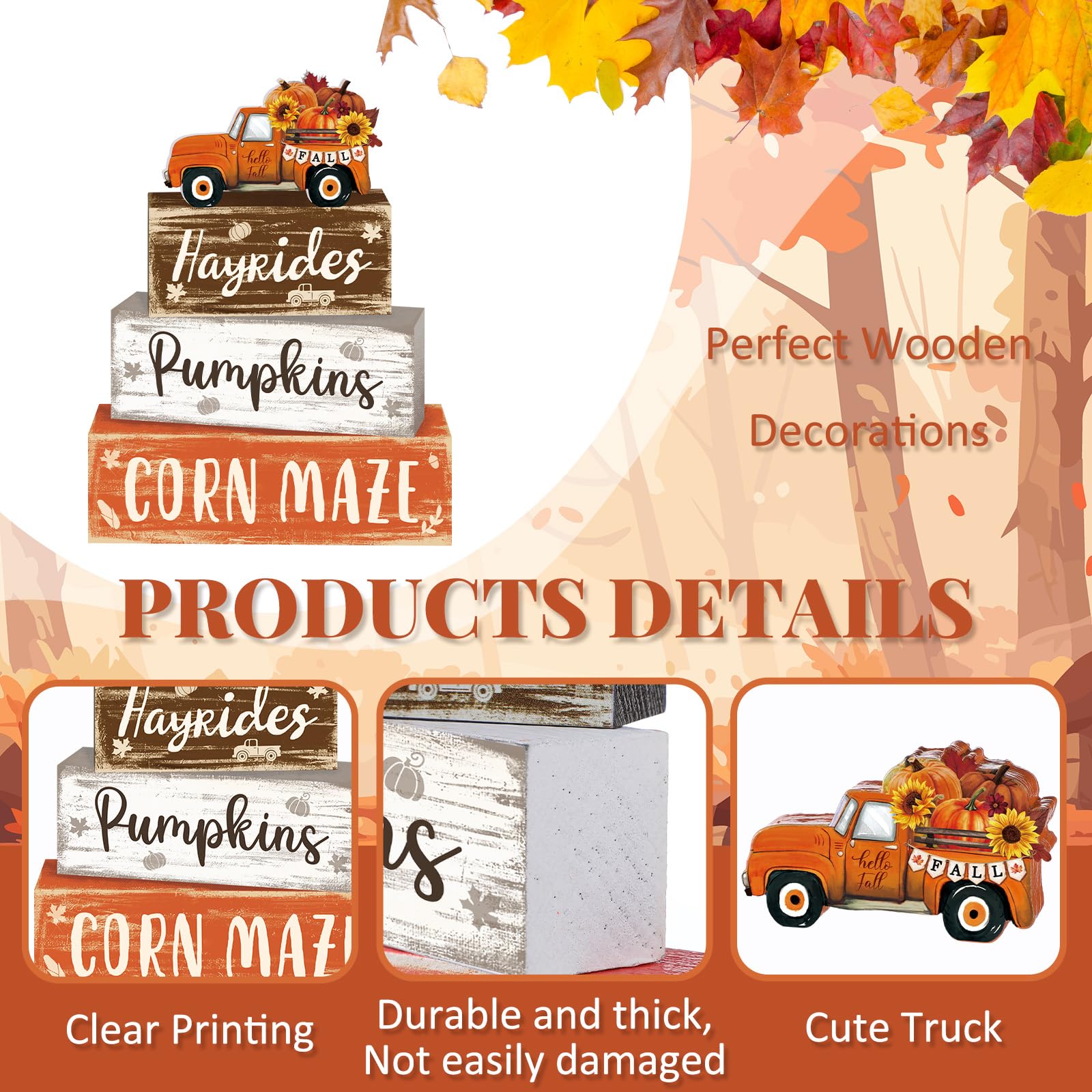 4 Pcs Fall Thanksgiving Decor for Home Truck Pumpkin Wooden Signs with Sayings Autumn Thanksgiving Tiered Tray Decor Fall Hay Ri