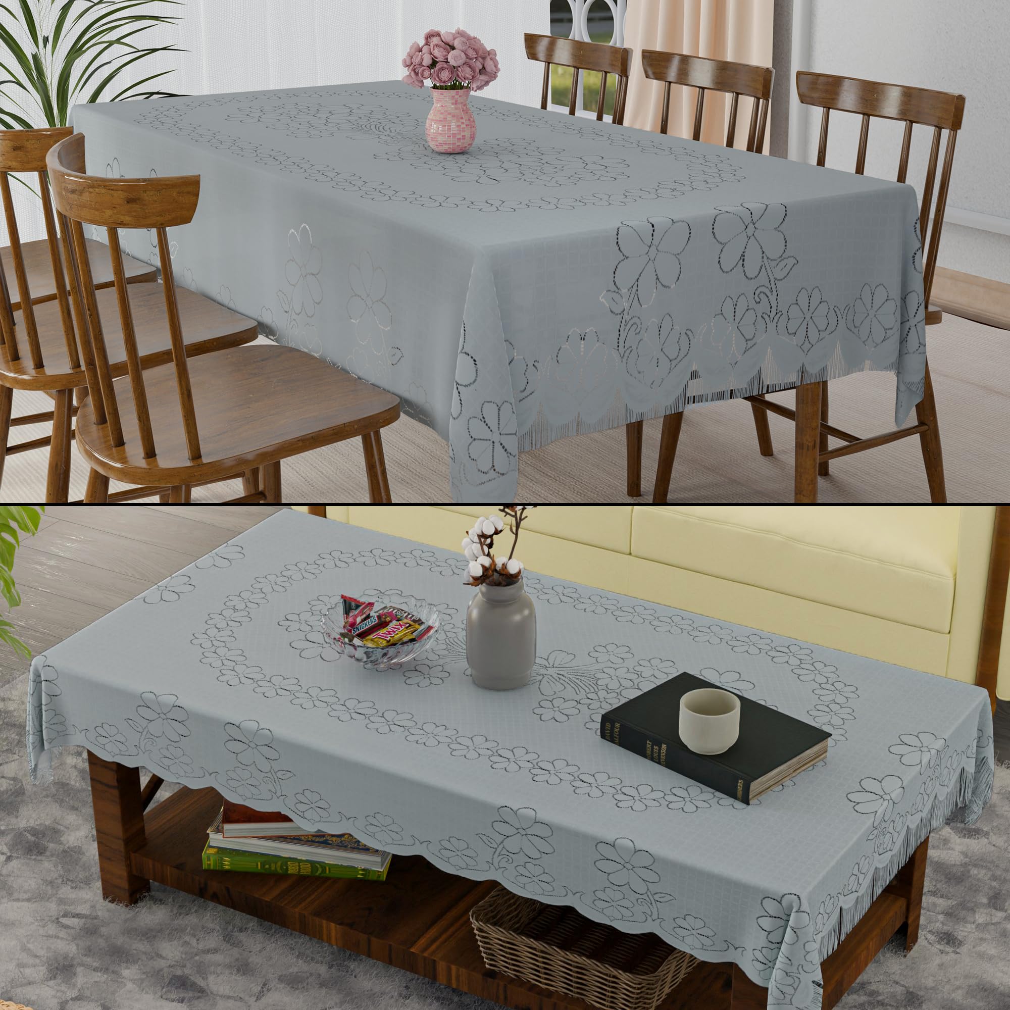Kuber Industries 2 Pcs Themed Combo Set  6 Seater Dining Table Cover & 4 Seater Center Table Cover | Same Design Pair of Teapoy