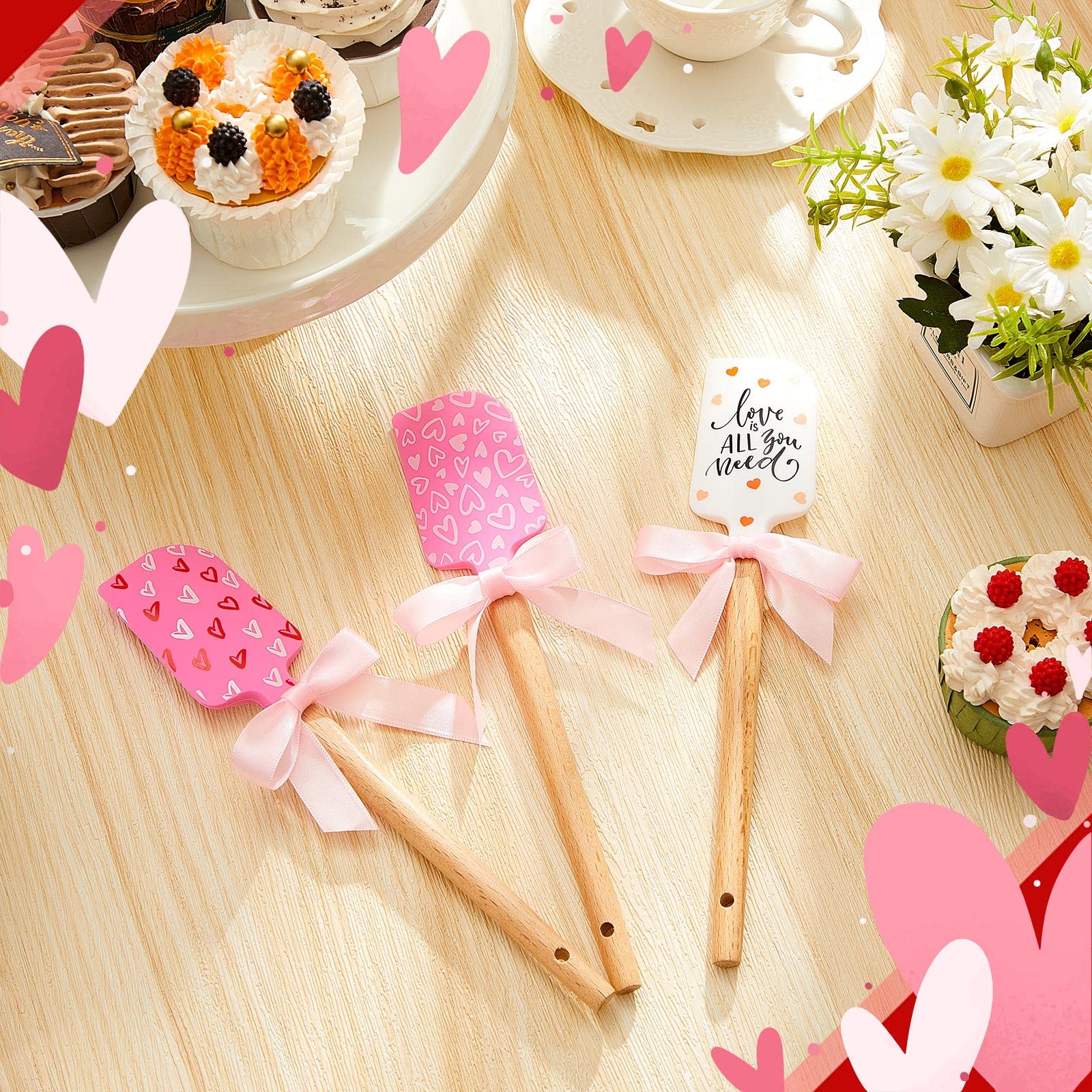 3 Pcs Valentine'S Day Silicone Spatulas With Wooden Handles Valentine Pattern Heat Resistant Baking Spatulas Silicone Spatulas W