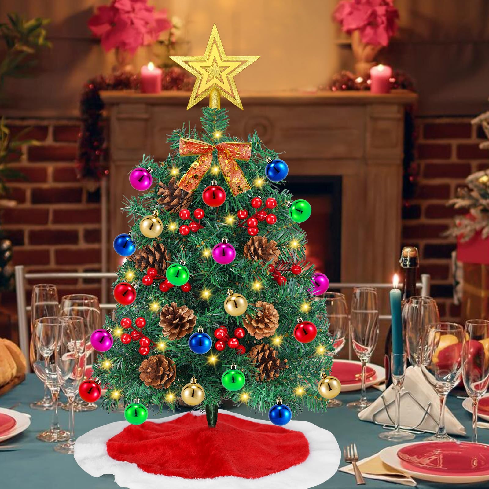 24 Inch Small Tabletop Christmas Tree with Tree Skirt, Christmas Pine Tree with 50 LED Lights, Star Treetop and Ornaments, Artif