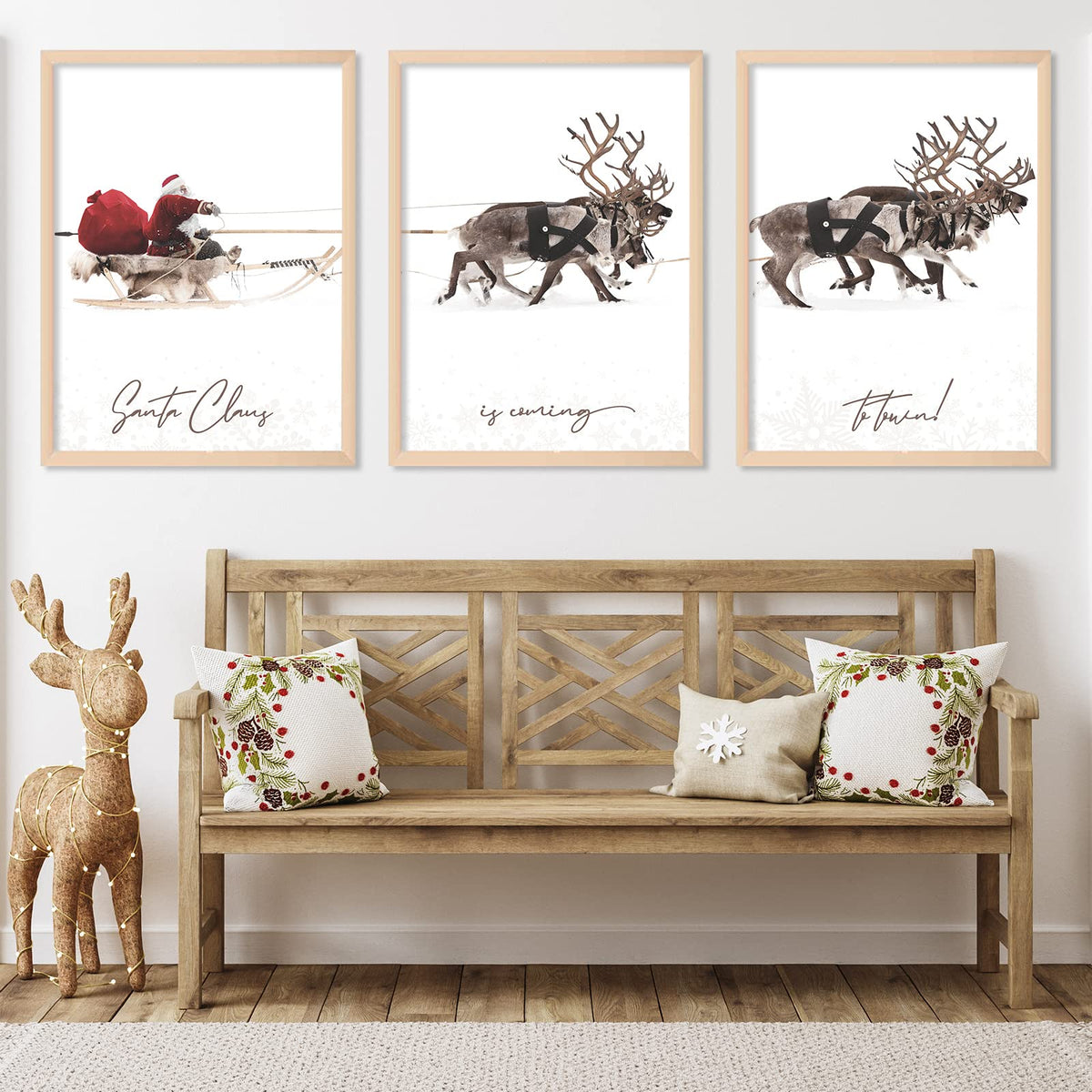 Anydesign 3Pcs Christmas Wall Art Prints 12X16In Santa Claus Reindeer With Sleigh Art Poster Decor Large Aesthetic Xmas Posters