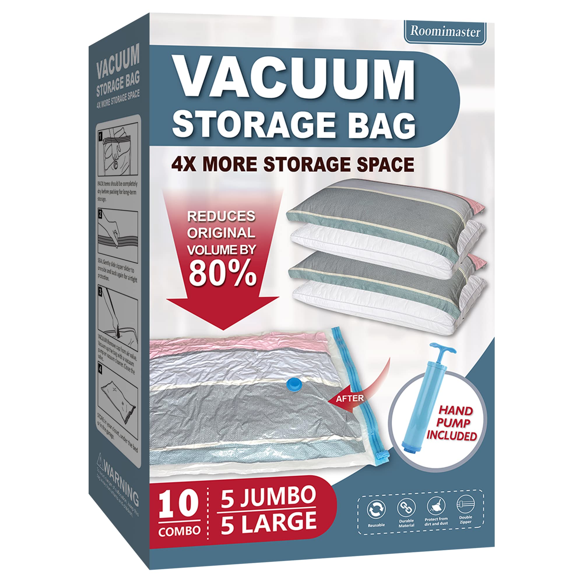 Vacuum Storage Bags, 10 Combo (5 Large/5 Jumbo) Space Saver Bags Vacuum Seal Bags With Pump, Space Bags, Vacuum Sealer Bags For