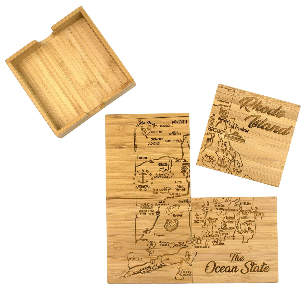 Totally Bamboo Rhode Island State Puzzle 4 Piece Bamboo Coaster Set With Case