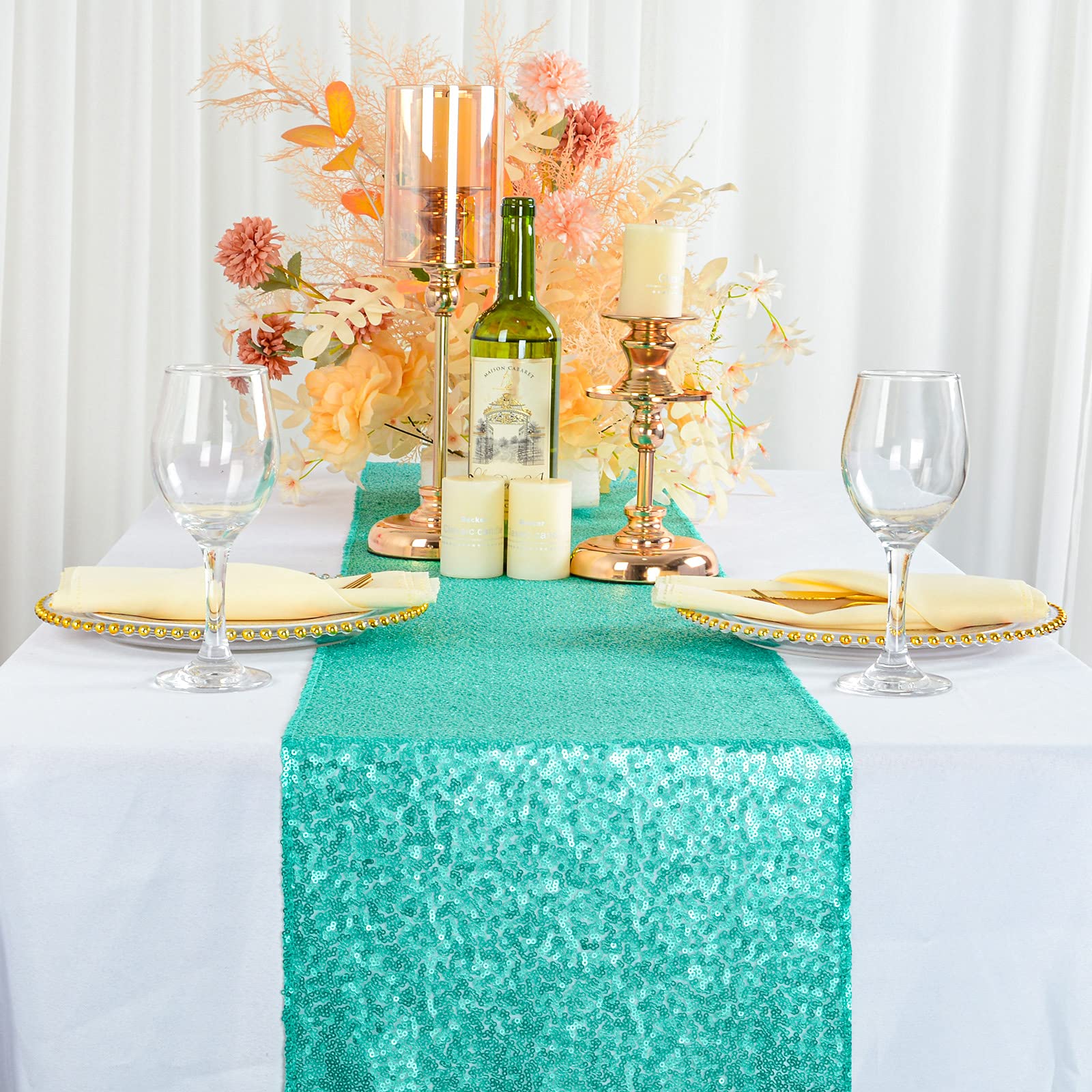 Shinybeauty 12X108-Inch Sequin Table Runner Teal 1 Piece Table Runner Wedding Halloween Party Decorations Sequin Runners For Tab
