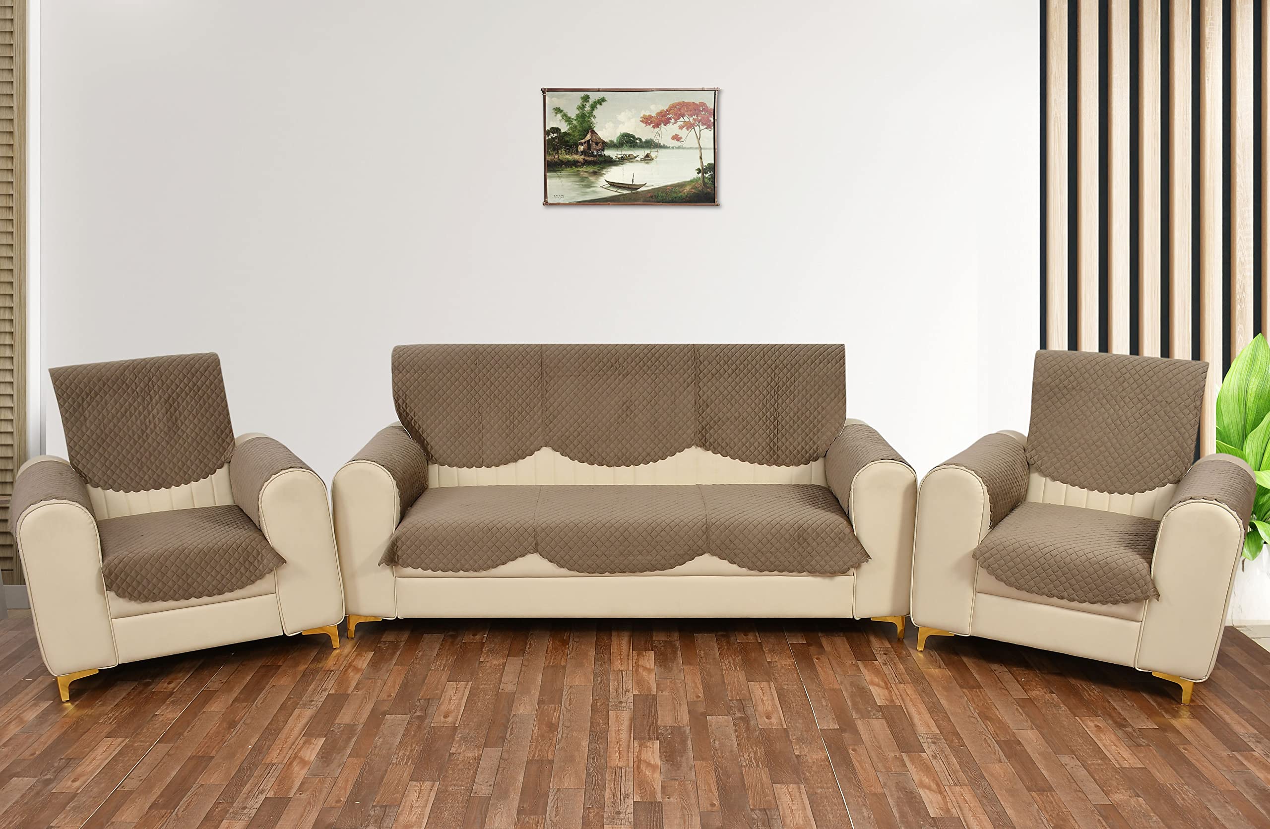 Yellow Weaves 5 Seater Self Design Quilted Sofa Cover And Chair Cover With Arm Cover, Seat & Back Cover, Color - Greyish Brown, 