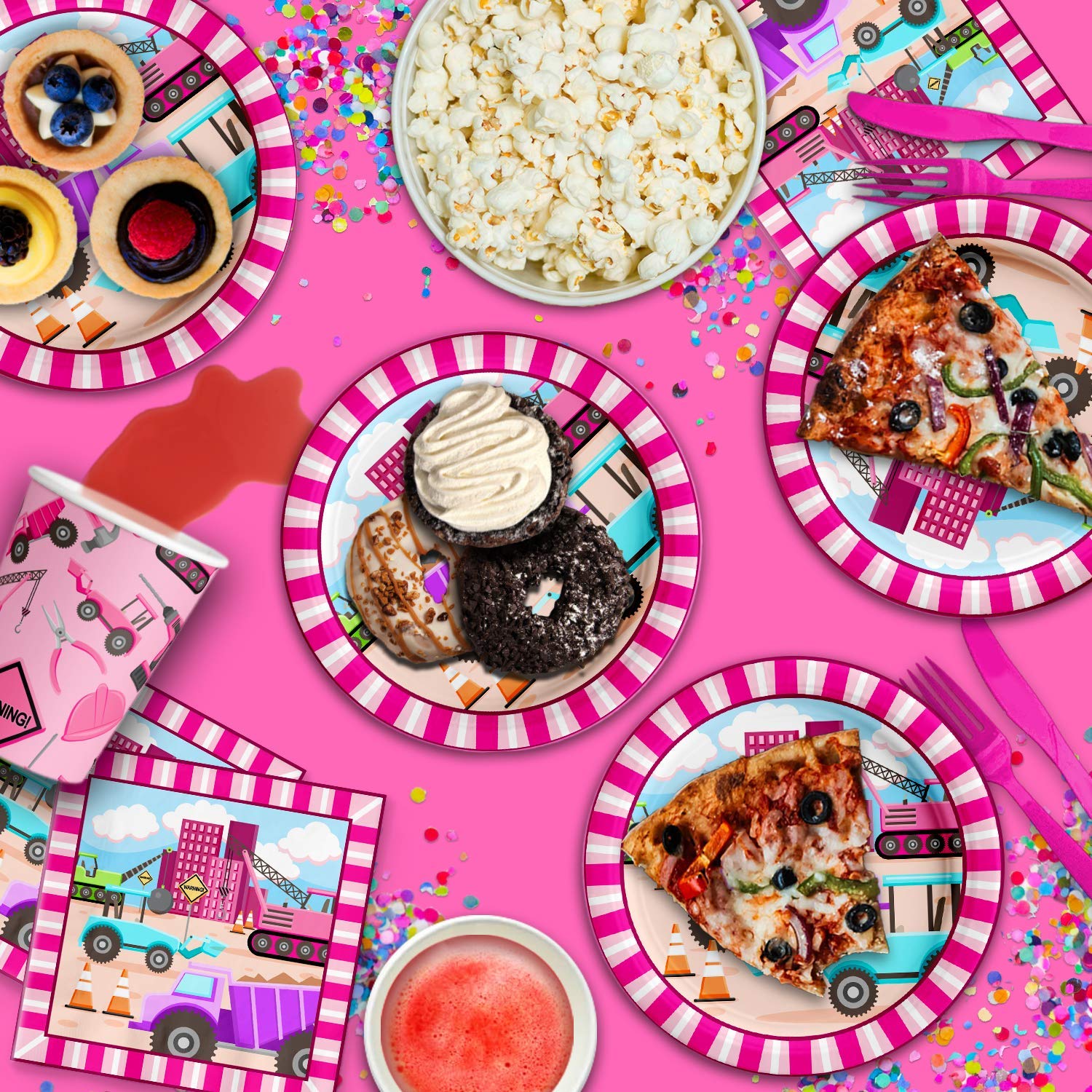 Girl Pink Construction Trucks Birthday Party Supplies Set Plates Napkins Cups Tableware Kit For 16