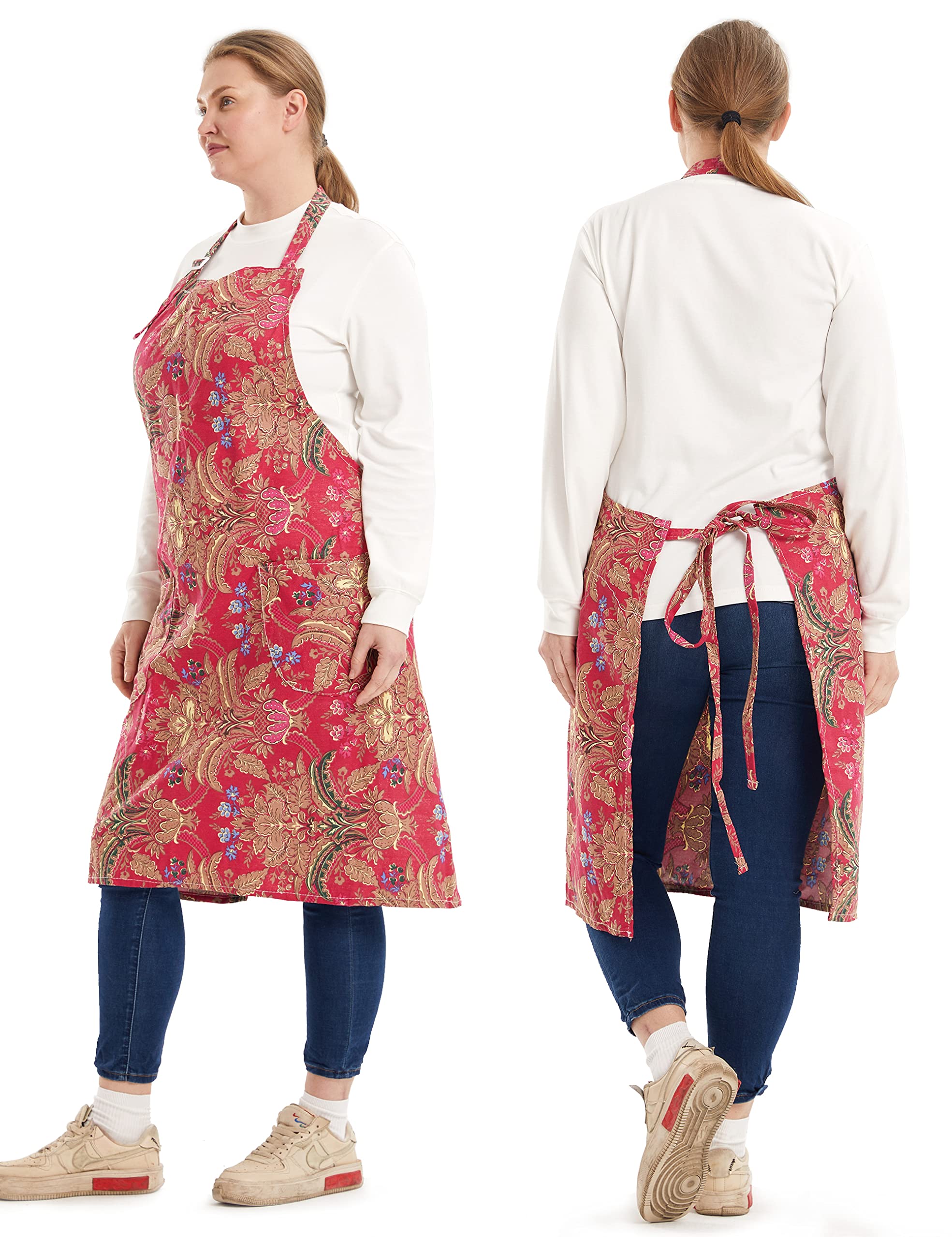 Apronner Cotton Linen Baking Plus Size Aprons For Women With Pockets Kitchen Cooking Red Pomegranate