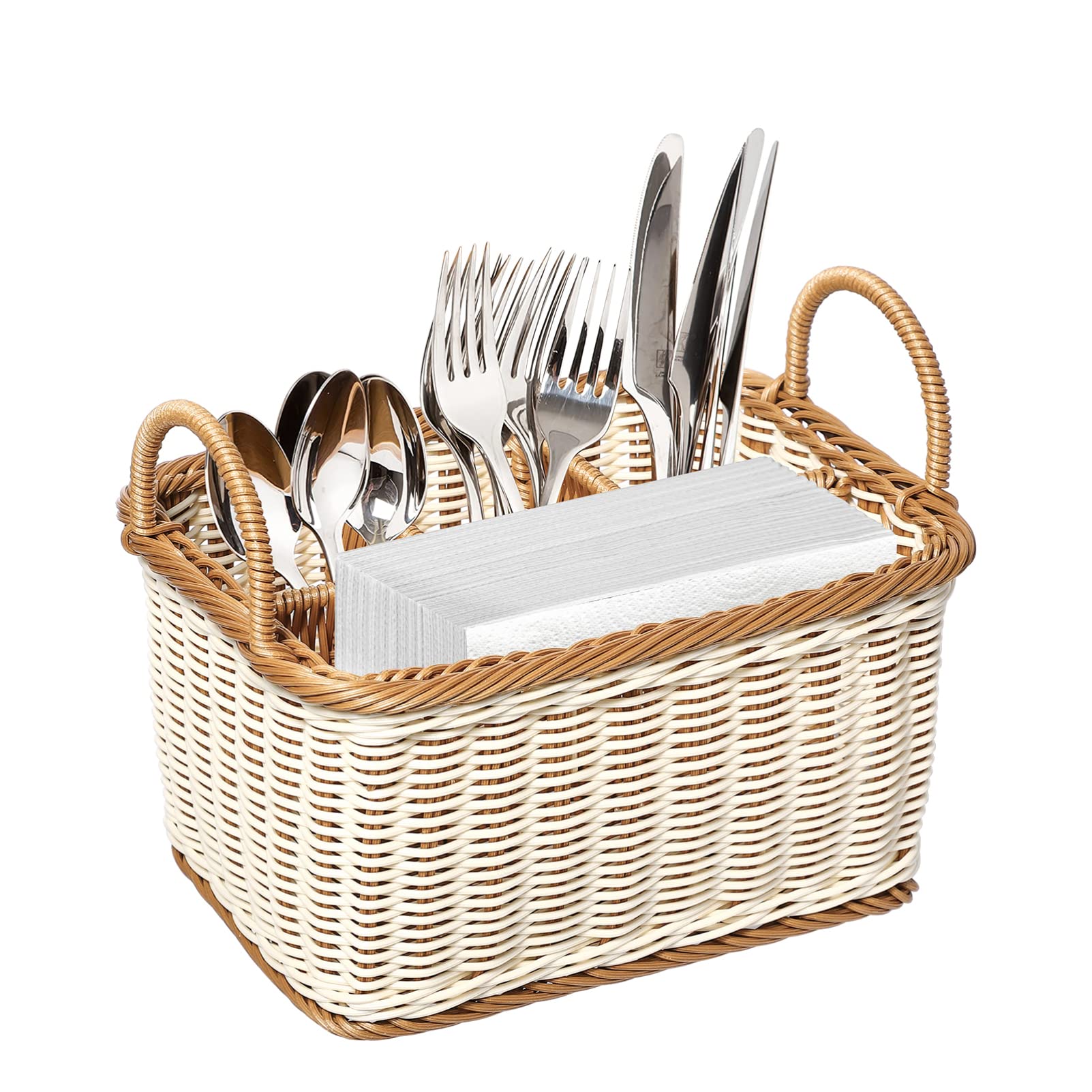 Cabilock Silverware Caddy Woven Basket Cutlery Holder, Napkin and Utensil Picnic Basket Silverware Organizer Utensil Holder for 