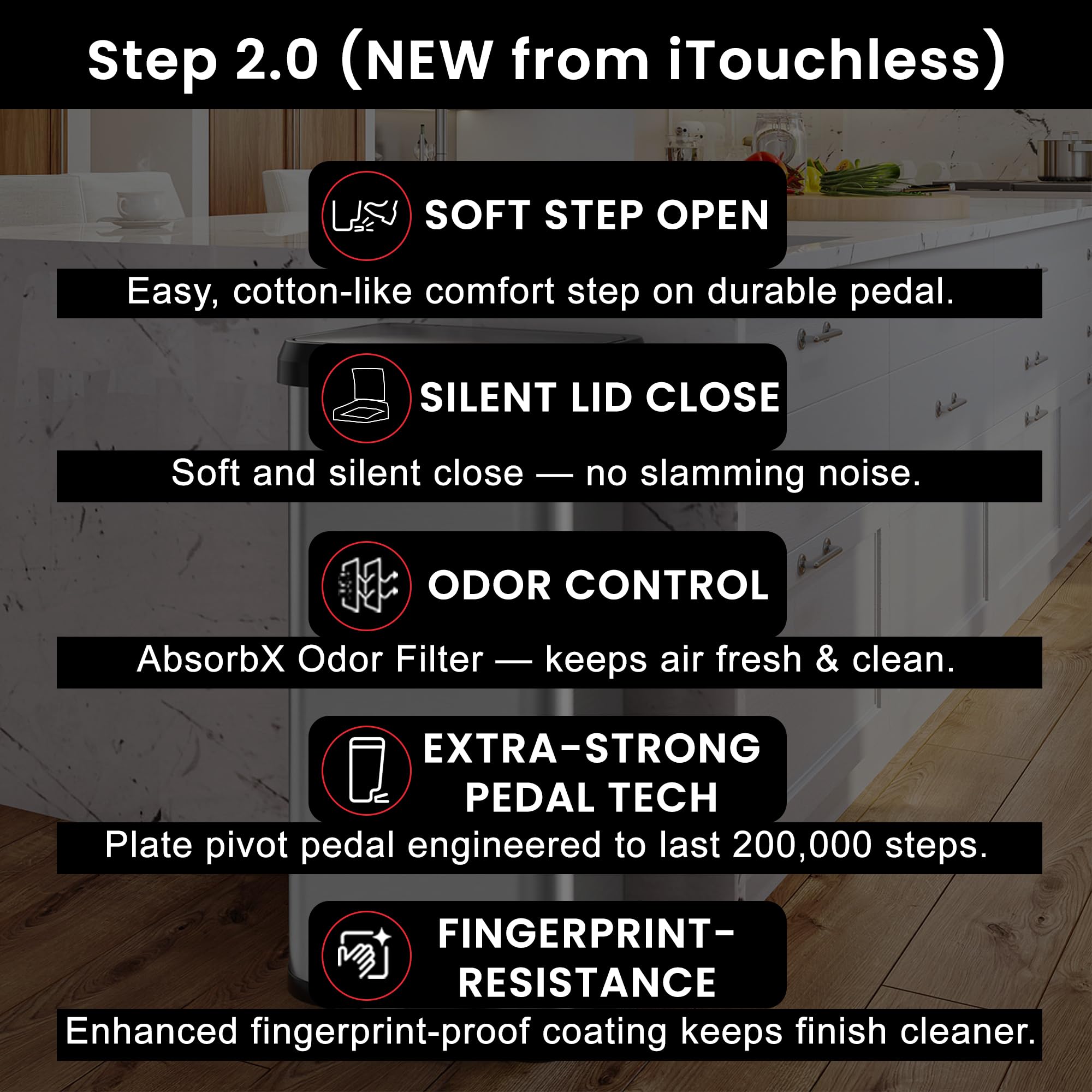 iTouchless 20 Gallon SoftStep 2.0 Kitchen Trash Can with AbsorbX Odor Absorber, Large Stainless Steel Step Pedal Garbage Bin wit