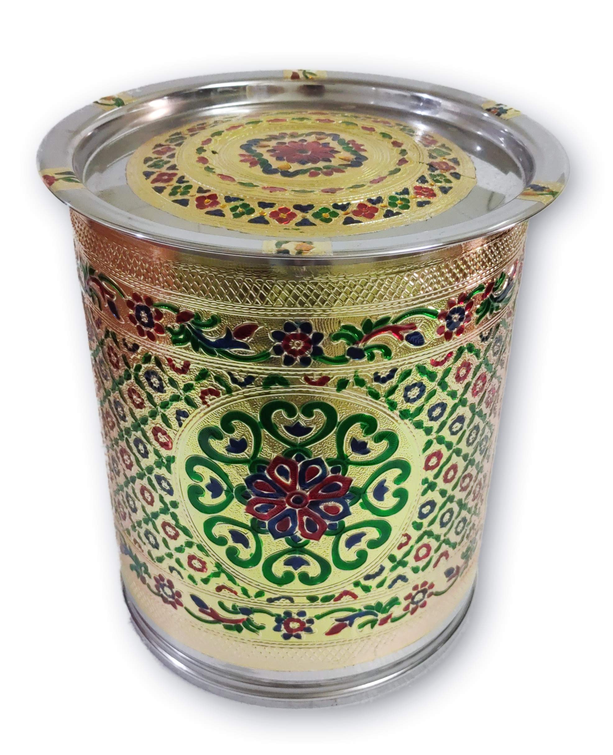Stainless Steel Meenakari Designer Water Tank Pawali Pavali Grain Storage Container Canister  19 Liters