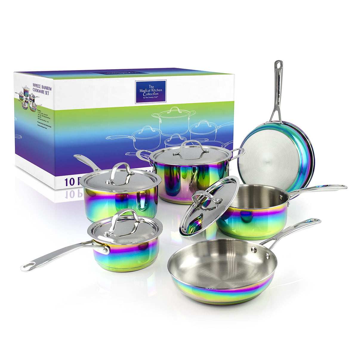 The Magical Kitchen Collection - Iridescent Rainbow Cookware Set - Premium Heavy Duty Stainless Steel and Titanium Pots & Pans S