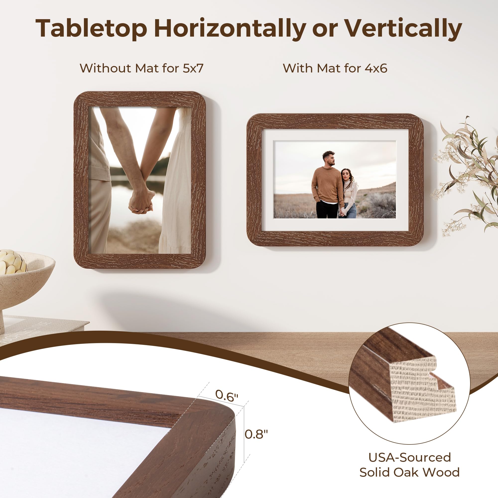 5x7 Picture Frames Set of 3, 5 by 7 Photo Frames for Wall & Tabletop Display, Solid Oak Wood Frames with Plexiglass, 5x7 Frame M