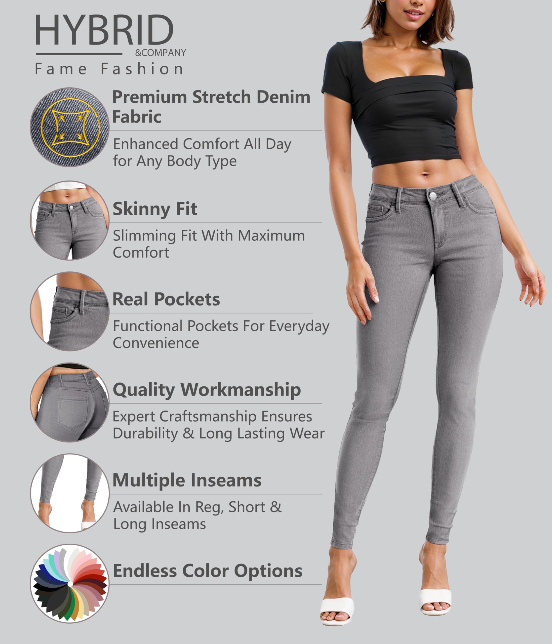 Hybrid  Company Womens Super Comfy Stretch Denim 5 Pocket Jean P22882Sk Grey 5