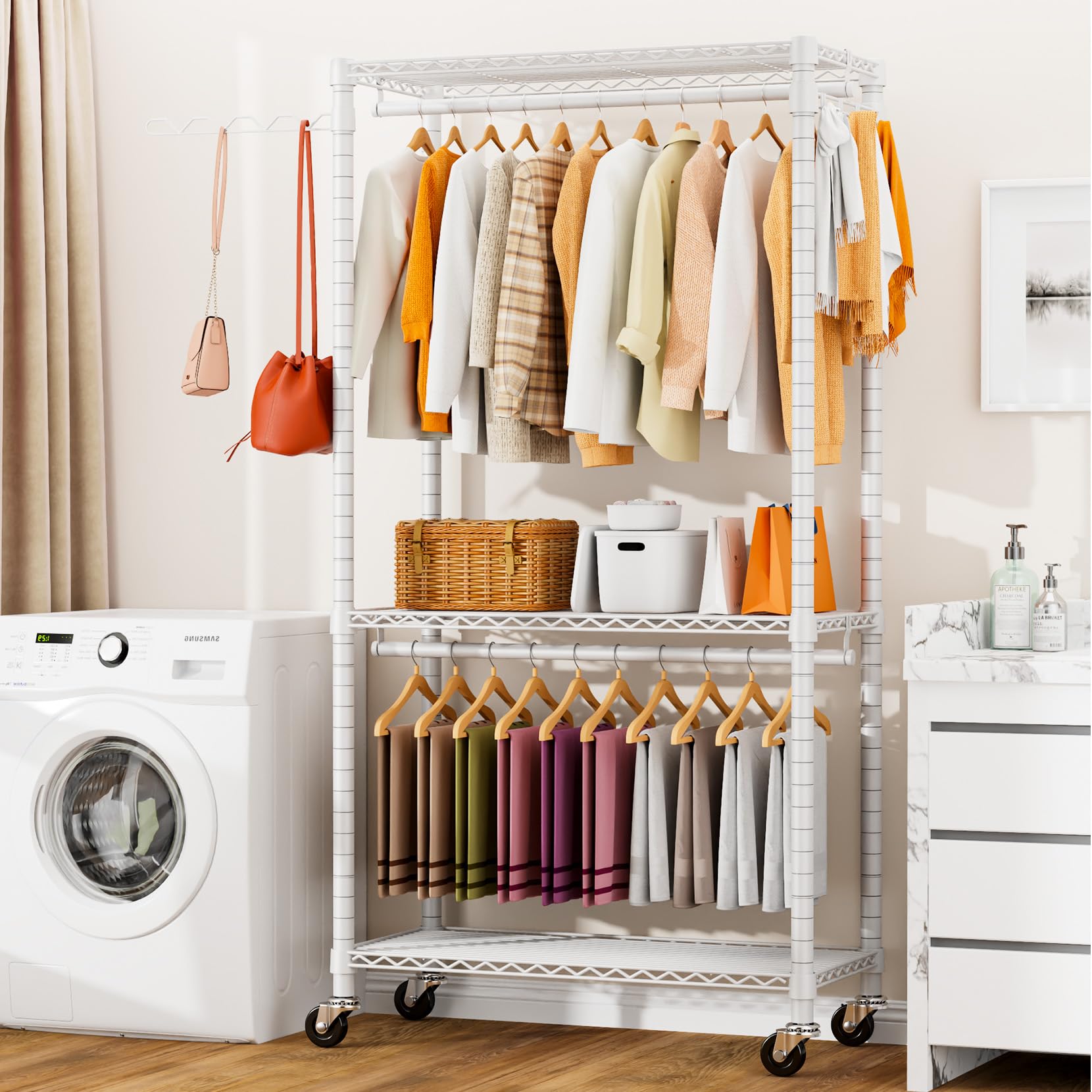 Heavy Duty Rolling Garment Rack, Adjustable Heavy Duty Clothing Rack With Shelves Load 420 Lbs, Free Standing Clothes Rack With