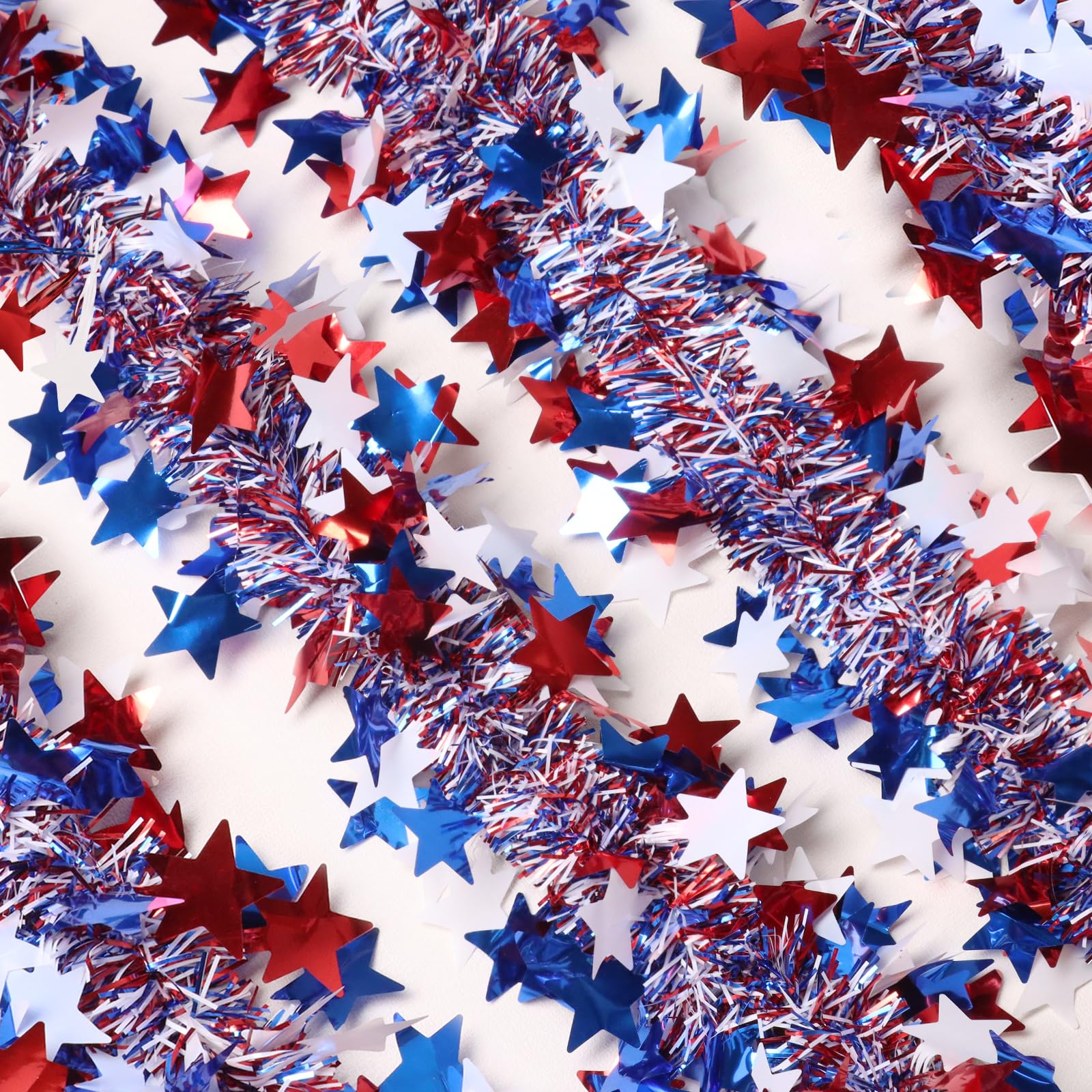 4th of July Garland Decorations,50Ft Glitter Tinsel Patriotic Decor for Tree Car Golf Cart Parade Float Bike Party Table Yard Do