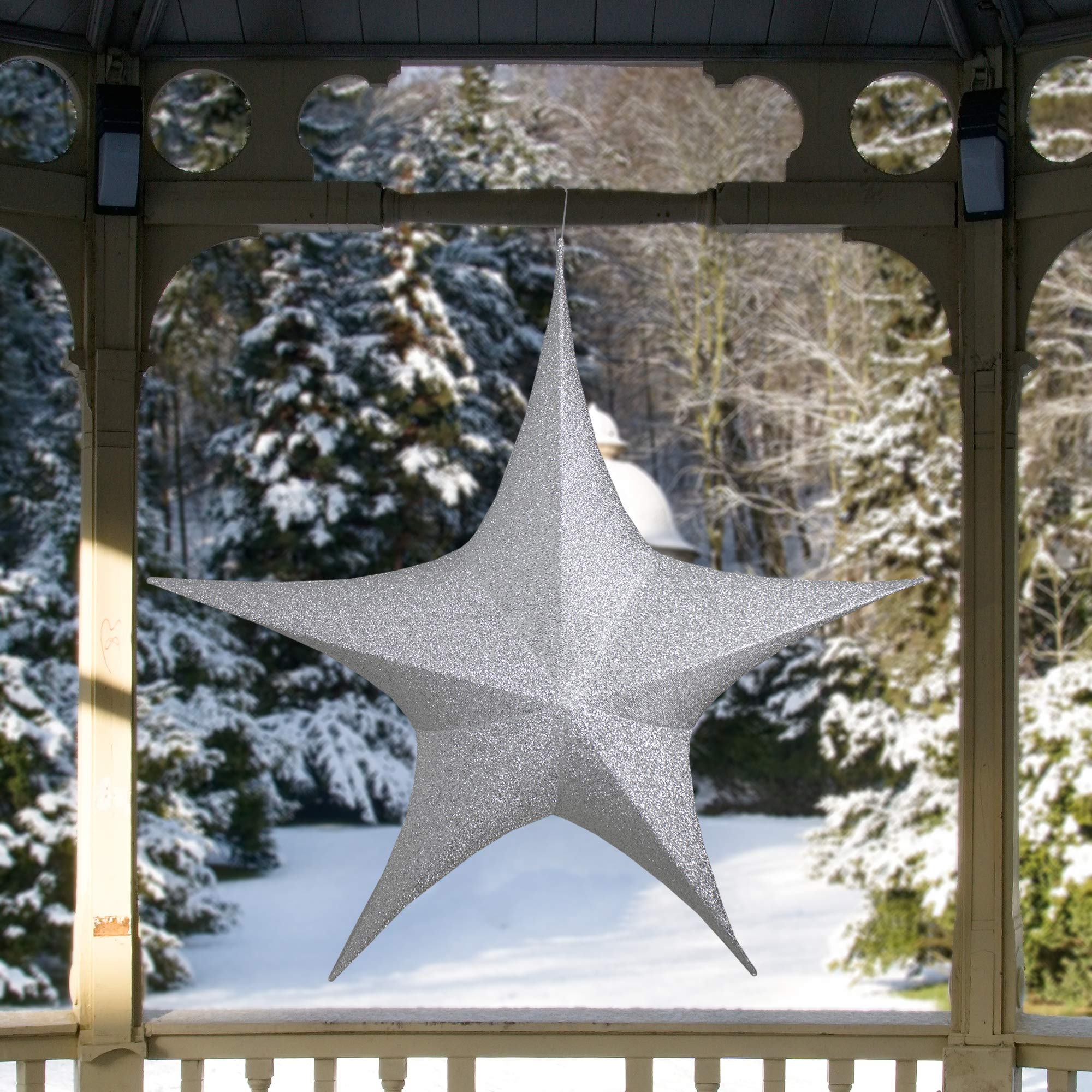 Silver Tinsel Foldable Glitter Star Outdoor Christmas Decoration - 44 - Silver