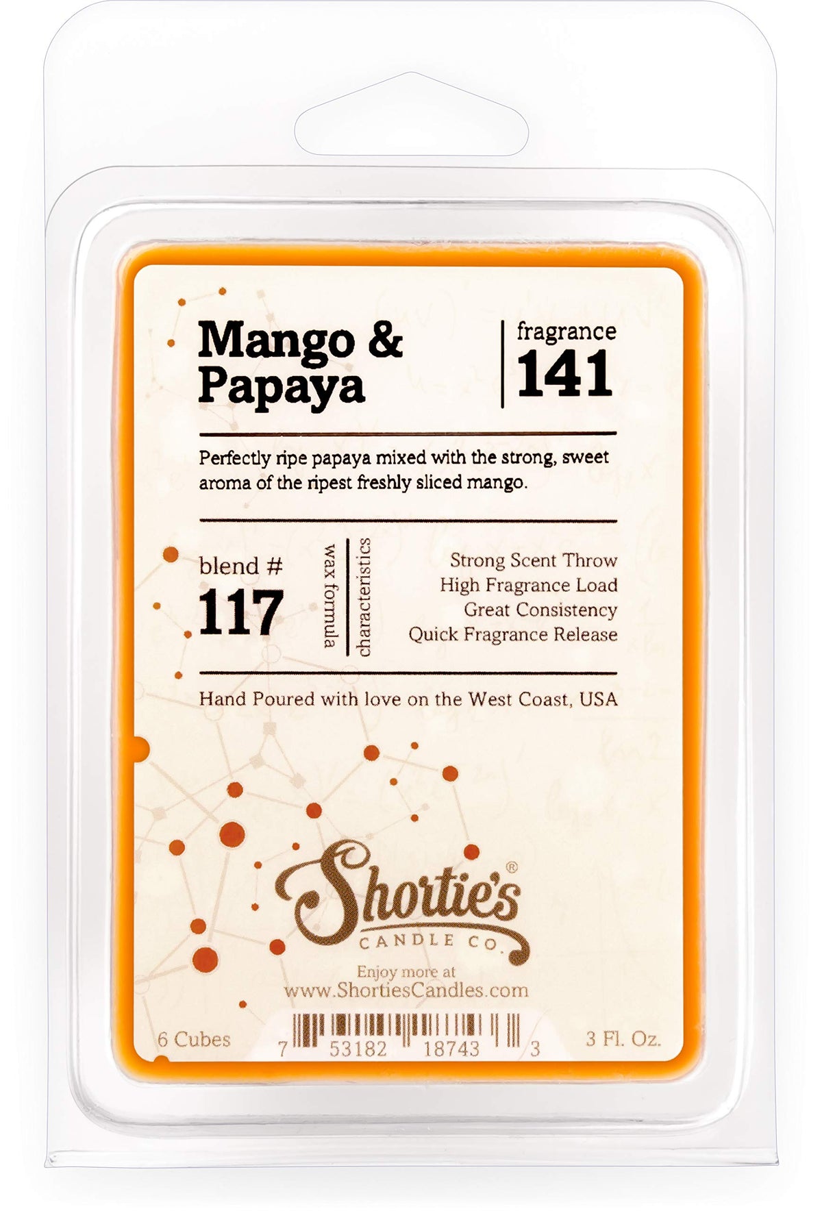 Shortie's Candle Company Mango & Papaya Wax Melts - Formula 117-1 Highly Scented 3 Oz. Bar - Made with Natural Oils - Fruit & Be