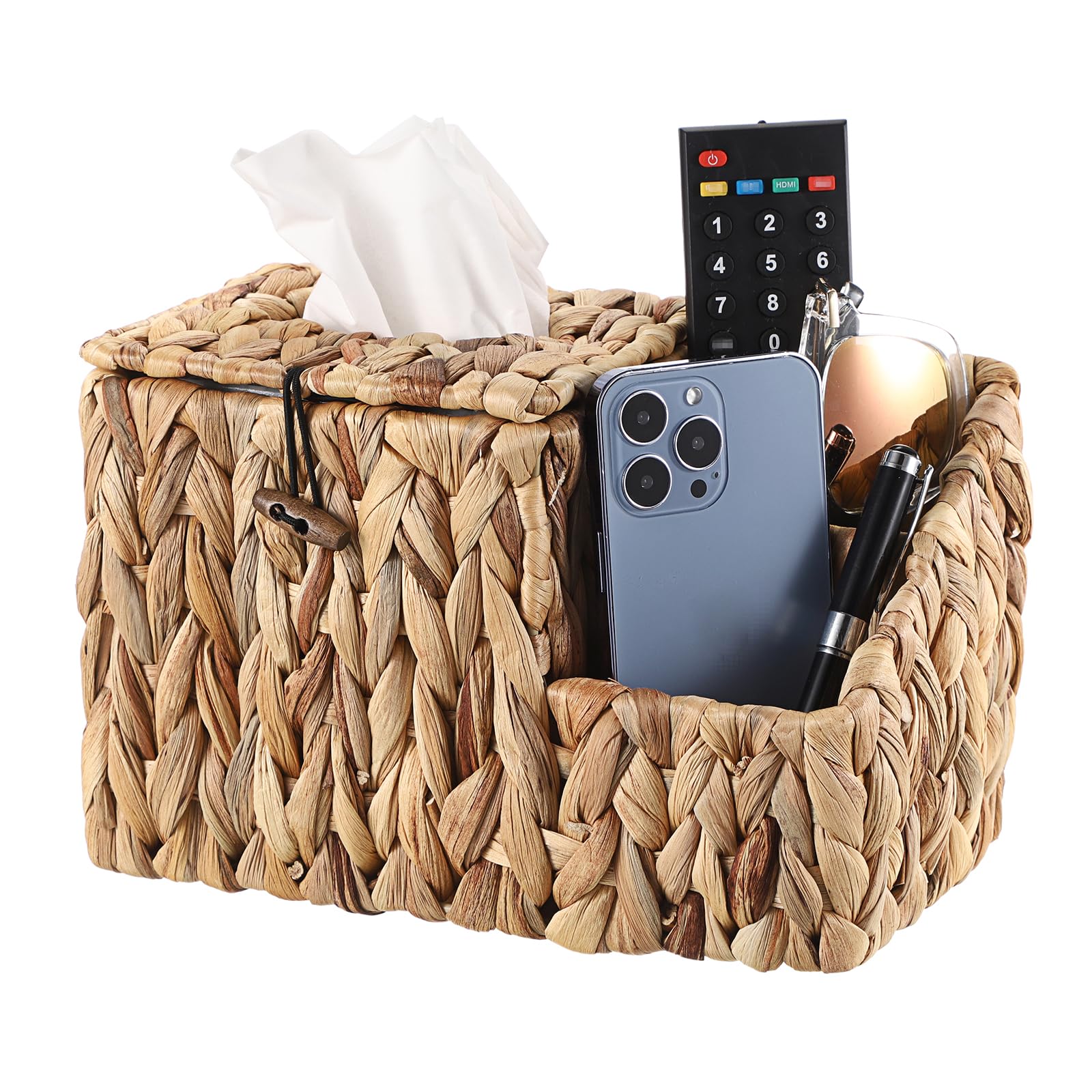 Sumnacon Tissue Box,Wicker Tissue Box Cover,Square Tissue Holder,Water Hyacinth Tissue Box Holder With Side Organizer,Cube Tissu