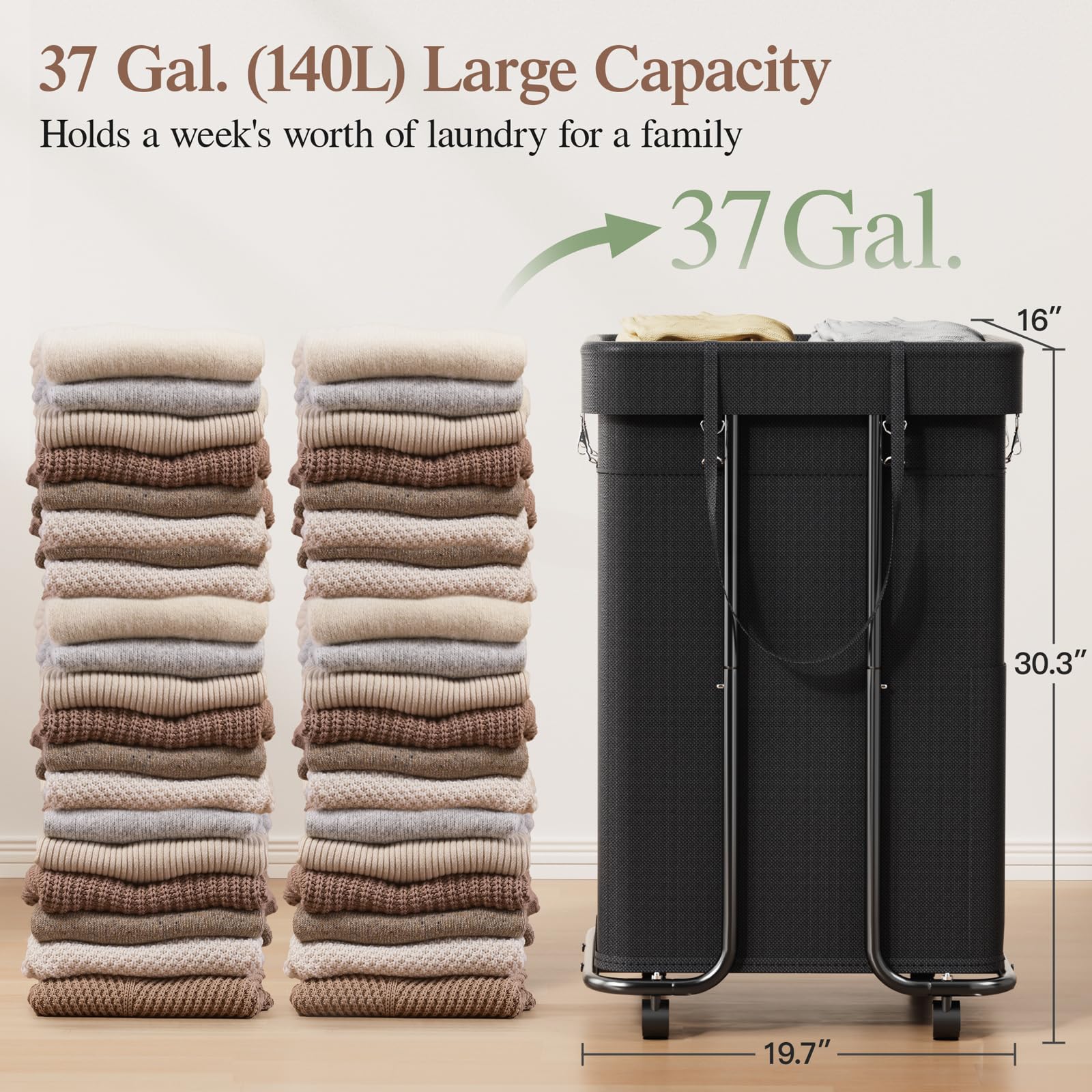 Yecaye Laundry Basket With Wheels, 37 Gal (140L) Laundry Hamper 2-Section, Rolling Laundry Basket With Metal Frame And Removable