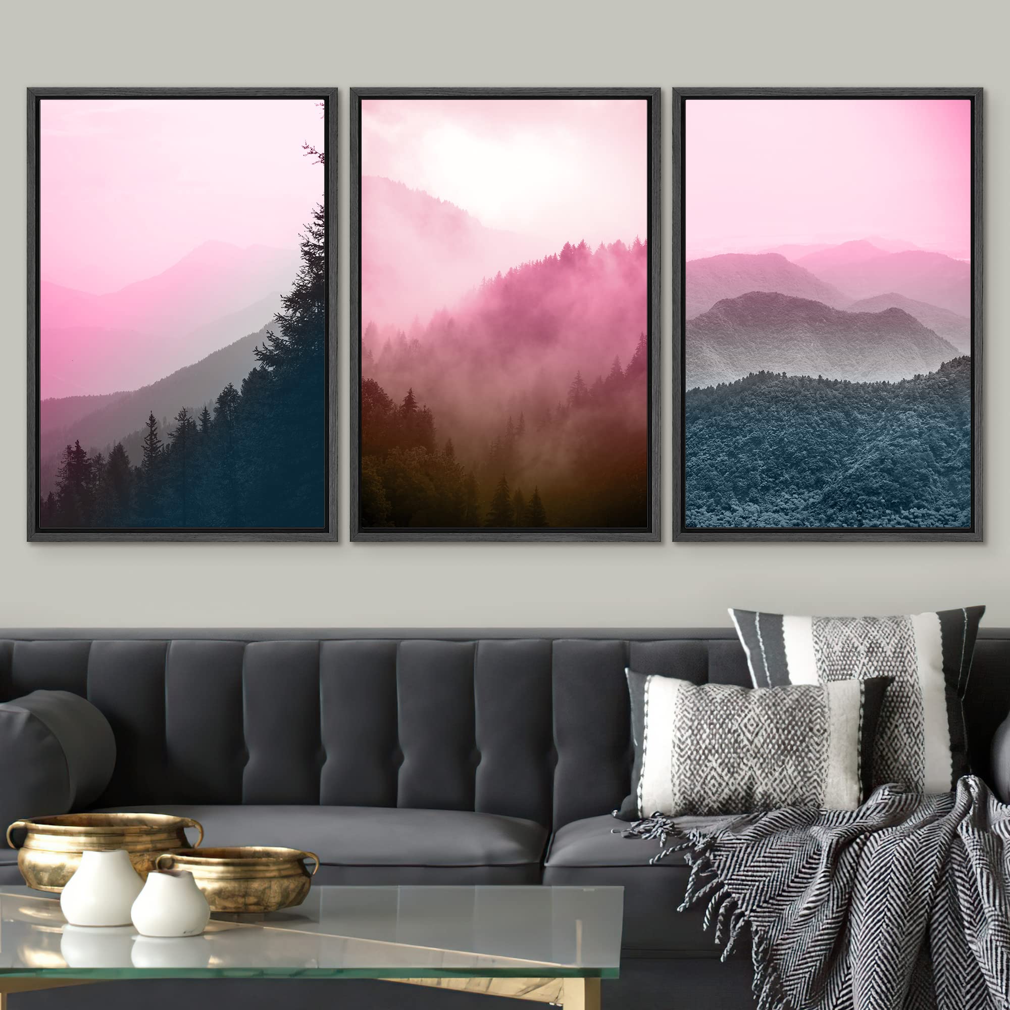 Signwin Framed Canvas Print Wall Art Set Duotone Neon Pink Teal Mountain Forest Nature Wilderness Photography Modern Art Rustic