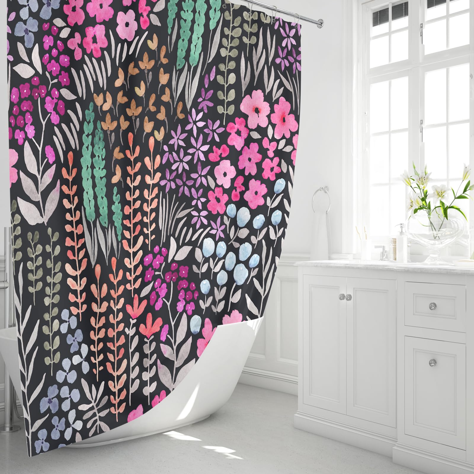Mayzus Small Stall Shower Curtain 36 X 72 Inch, Half Narrow Cute Floral Shower Curtain For Bathroom, Black Hot Pink Wildflower B