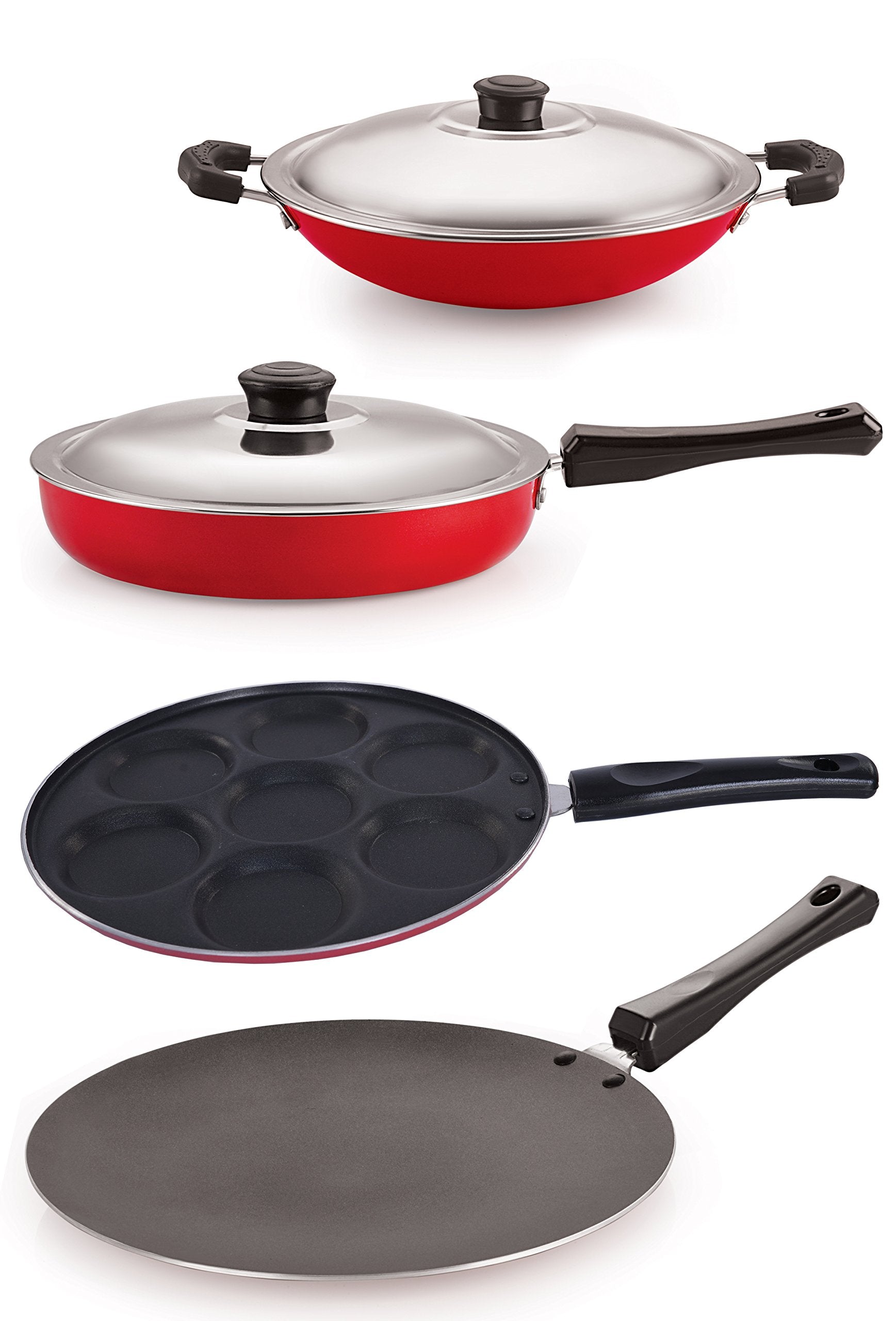 Nirlon NonStick Aluminium Cookware Set, 4Pieces, Red (26_Ct_Fp12_Chatti_Up)