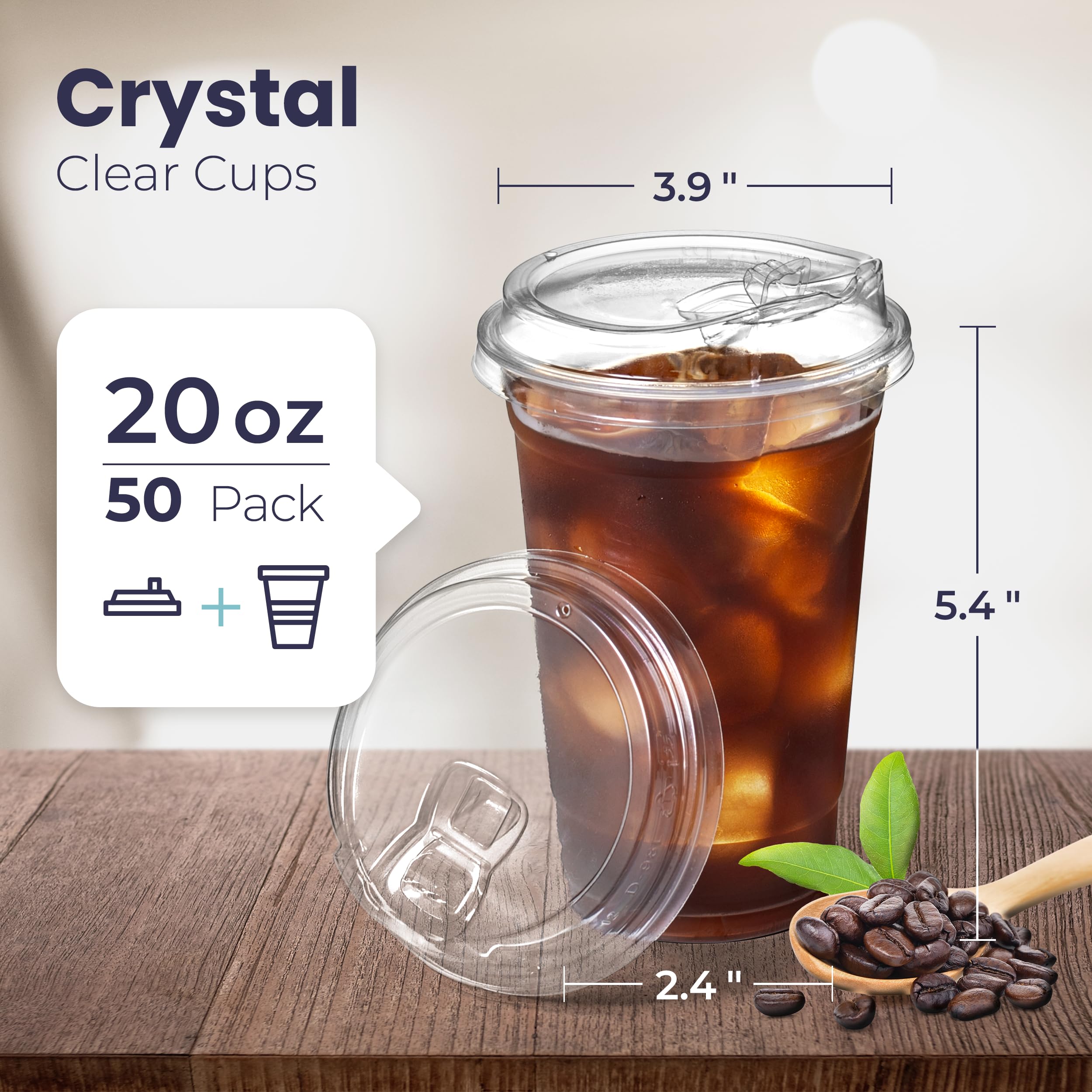 [50 Pack] Disposable Strawless Plastic Cups with Lids - 20 Oz Clear Plastic Cups and Sippy Cups Lids  Perfect Eco-Friendly To Go Cups for Iced Coffee  Smoothies  Soda Party Drinks and Cafe Essentials