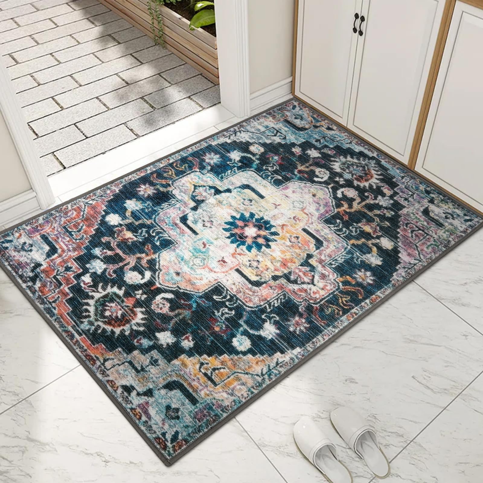 Collive Indoor Door Mat Retro Floor Mat, Non Slip Washable Doormat Large Size Quickly Absorb Welcome Mats Low-Pile Front Door Ru