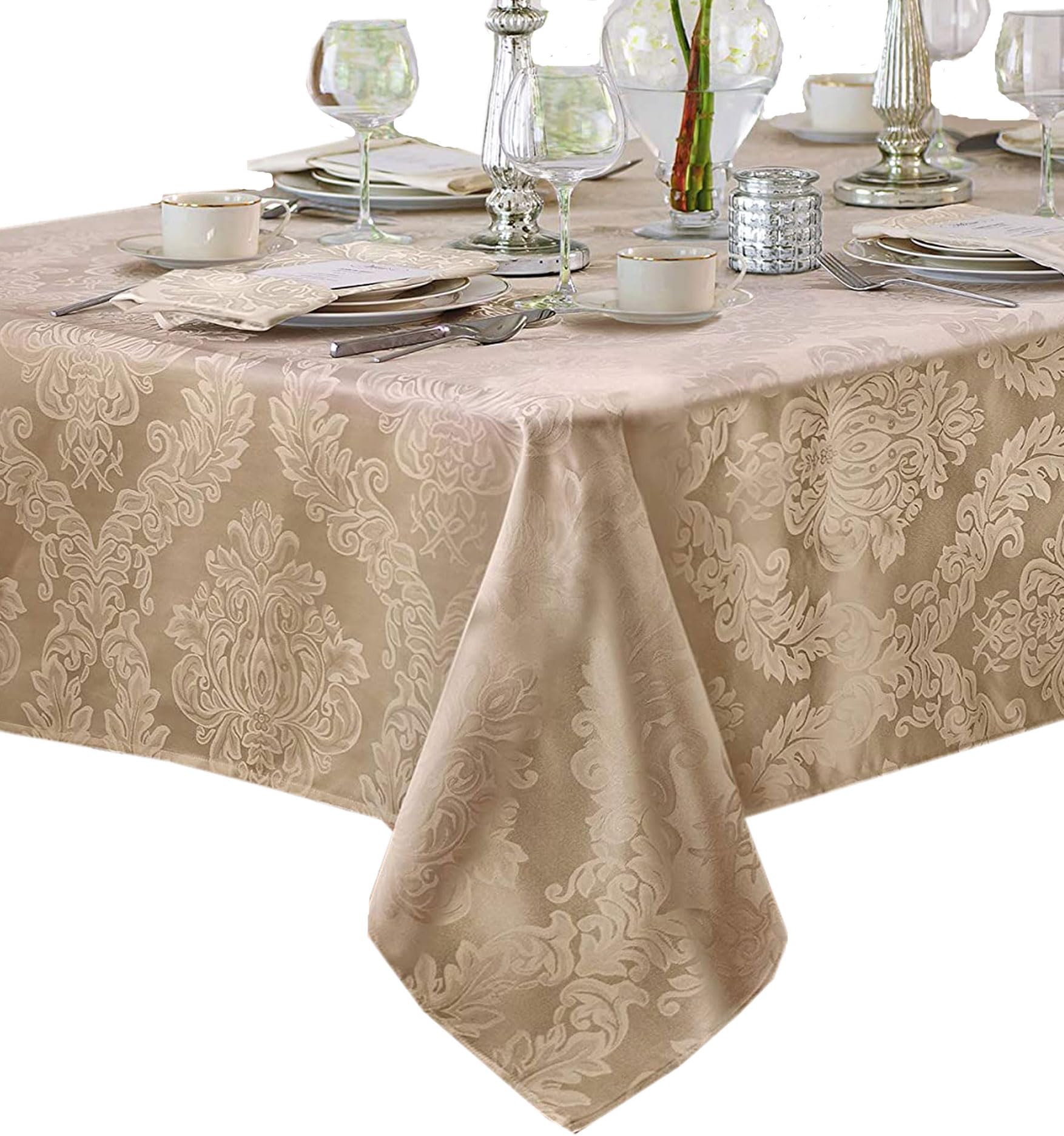 Newbridge Barcelona Luxury Damask Fabric Tablecloth, 60    Wide X 84    Rectangle, Golden Beige, 100% Polyester, No Iron, Soil R