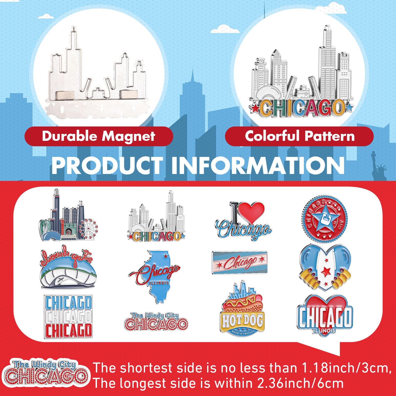 Konohan 12 Pcs Chicago Magnets for Refrigerator Metal USA Fridge Magnet Magnetic Chicago Souvenirs Gifts USA City Magnetic Refri