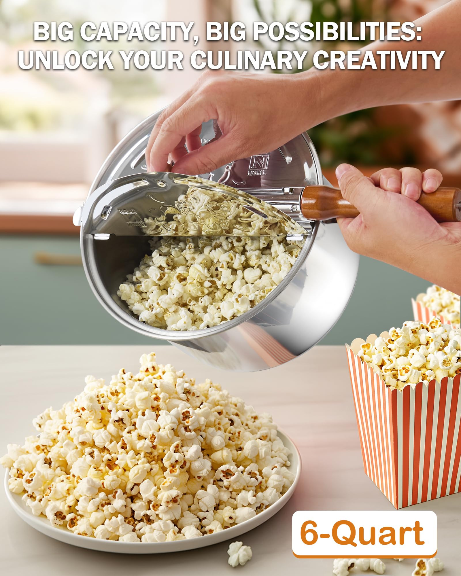 Cook N Home Stovetop Popcorn Popper With Crank, 6 Quart Stainless Steel Popcorn Pot, Silver