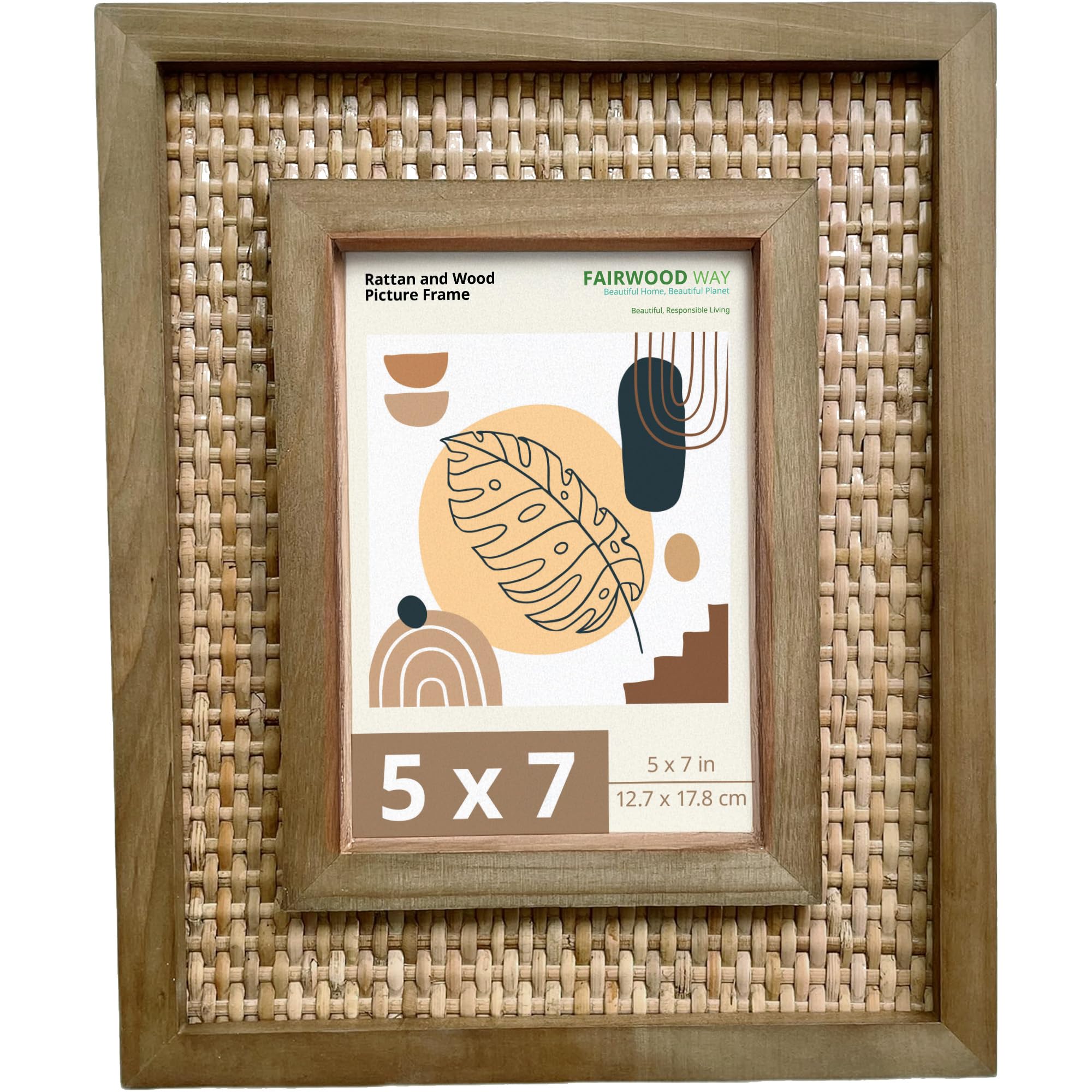 Fairwood Way - Rattan and Wood Picture Frame for 5x7 Inch Photo or Artwork - Boho, Coastal, or Beach Photo Frame, Wooden Decorat