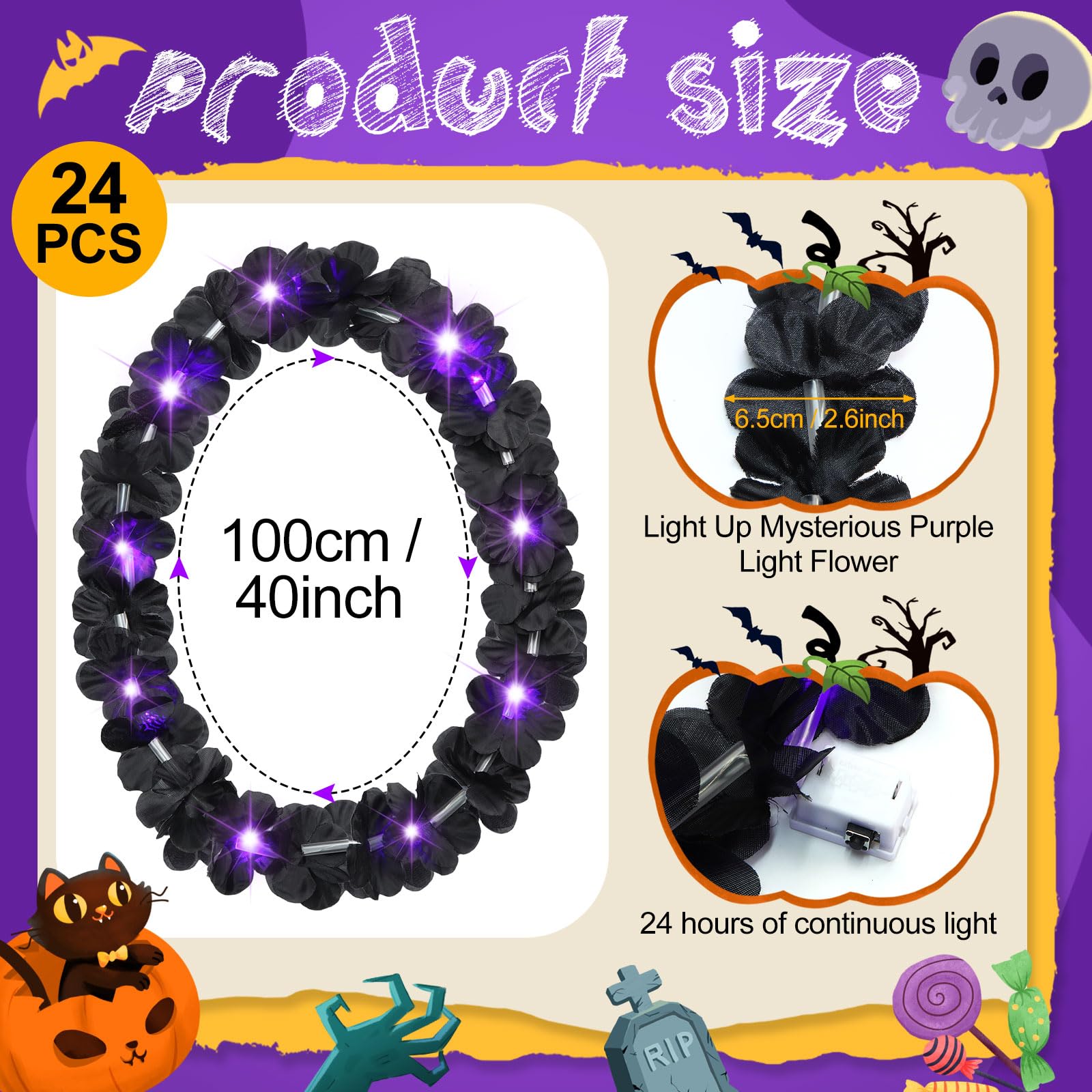 Sherr 48 Pcs LED Hawaiian Leis Light up Flower Leis Necklace with LED Lights Luau Flowers Necklaces for Masquerade Beach Wedding