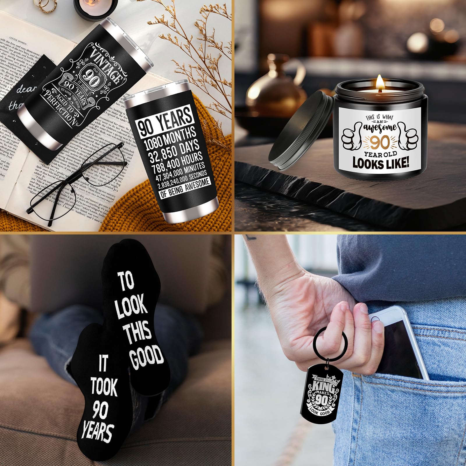 JTAMOHI 90th Birthday Gifts for Men - Unique Box with 20 Oz Tumbler, Scented Candle, Socks, Baseball Cap for Husband, Dad, Grand