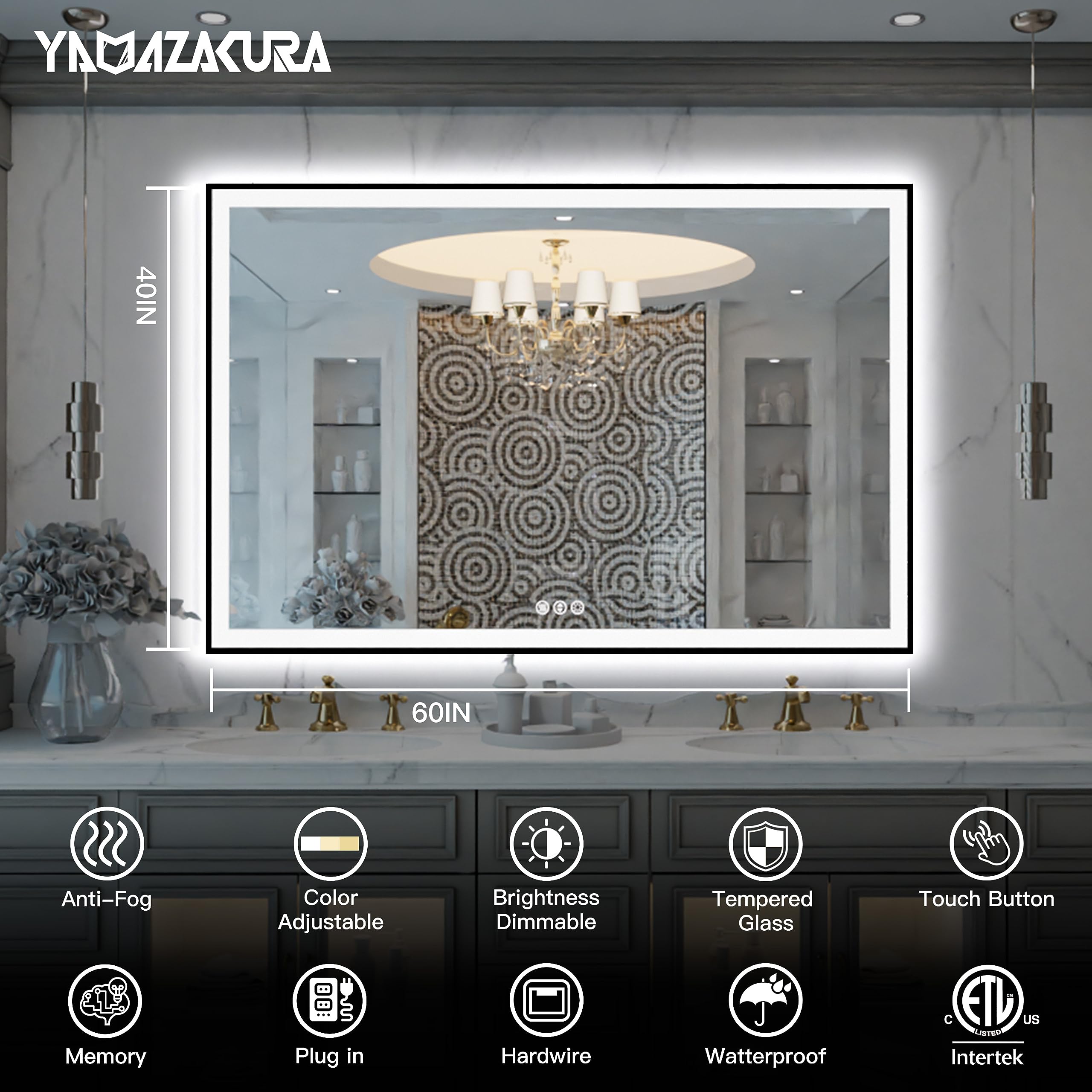 Yamazakura Large Light Bathroom Mirror 60X40 Backlit And Front Lighted Led Wall-Mounted Vanity Mirror Modern Rectangle Black Mir