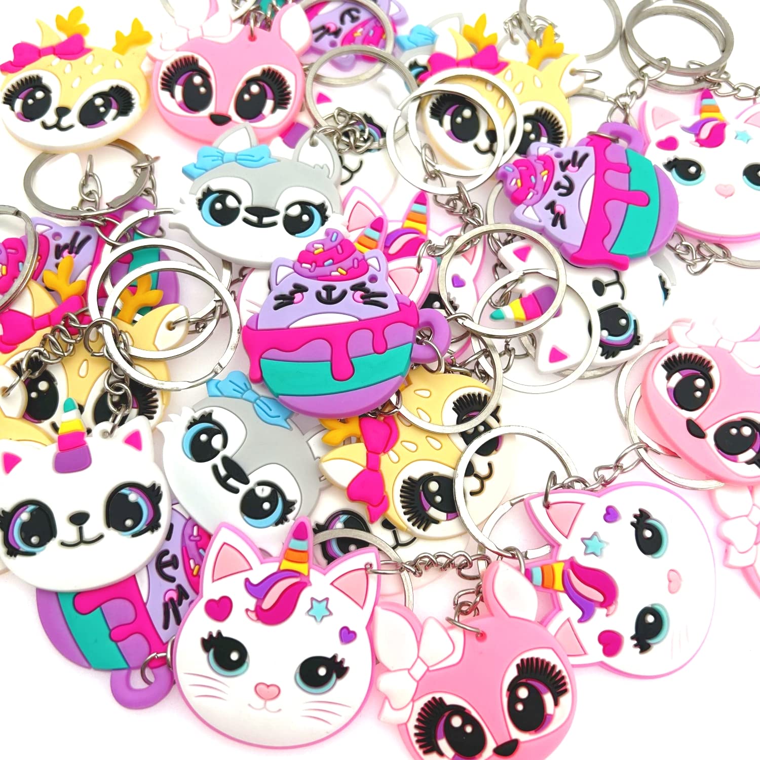Jzk 30 Pcs Kitty Cat Keyring Set For Kids, Silicone Animal Keychains For Children Birthday Party Favours, Kids Party Bag Fillers