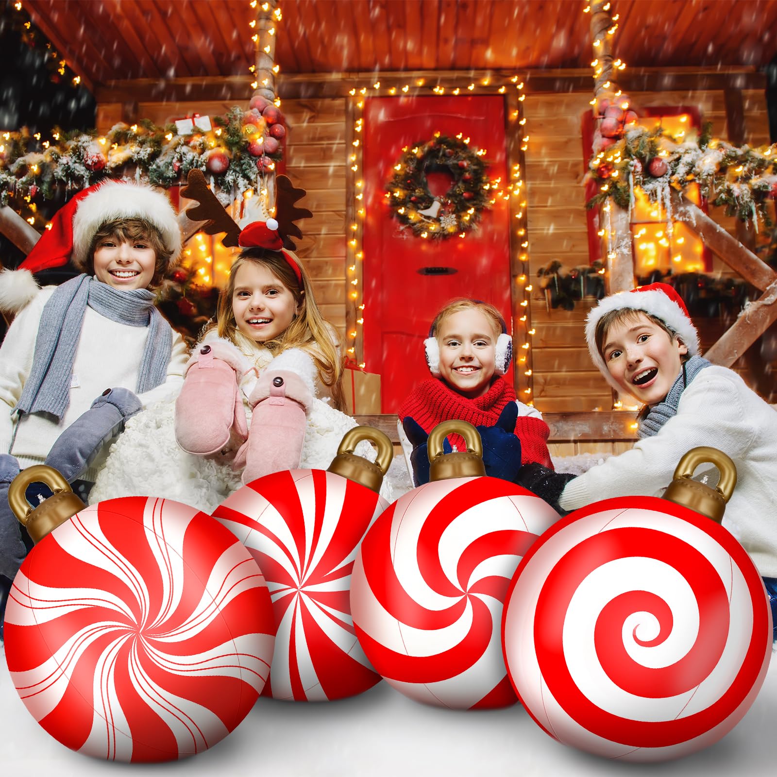 Jetec 4 Pcs 32 Inch Giant Inflatable Christmas Ball Large Xmas Inflatable Ornaments PVC Outdoor Holiday Blow Ball Outside Yard L