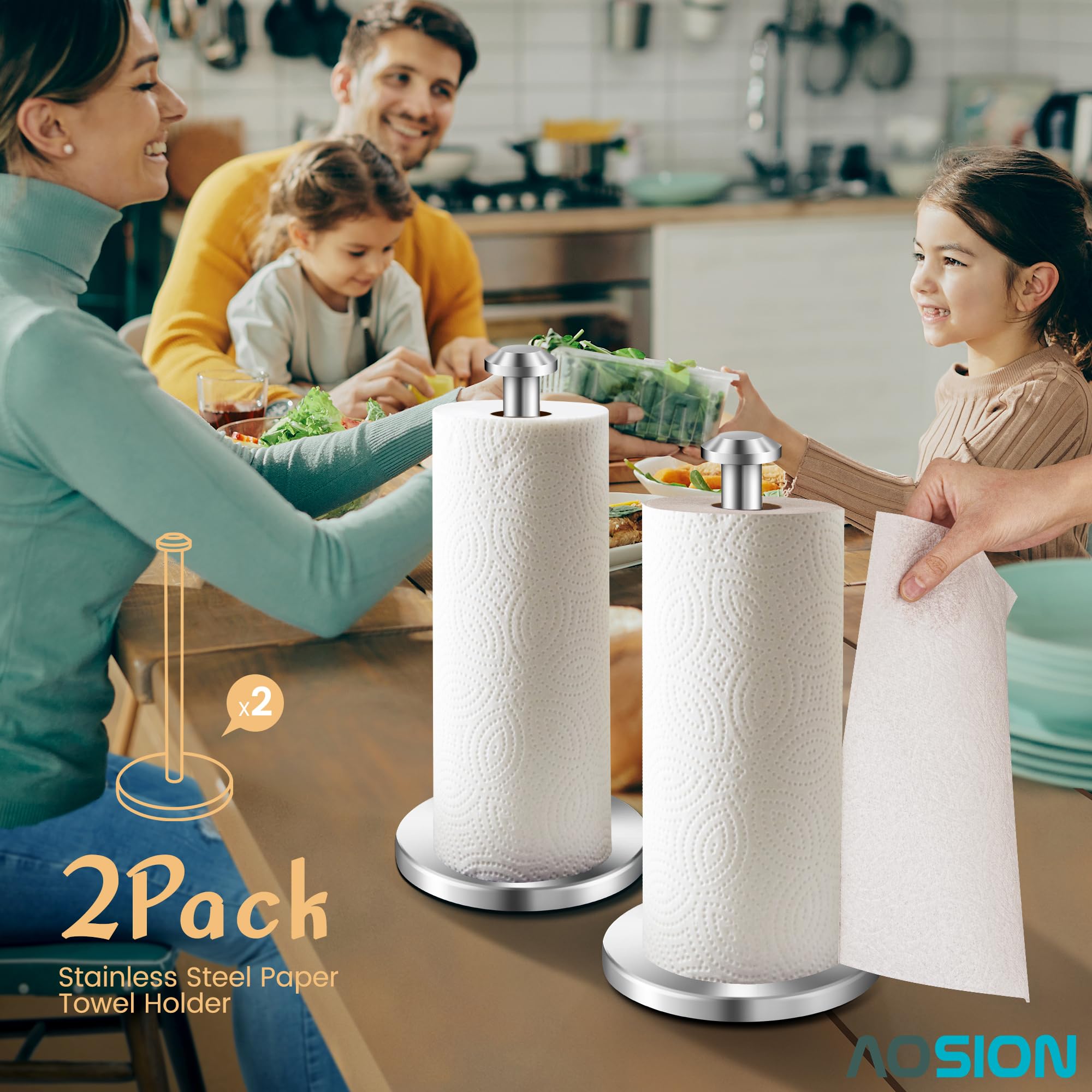 Aosion 2 Pack Stainless Steel Paper Towel Holder,Paper Towel Holder Countertop,Standing Paper Towel Holders For Kitchen Bedroom