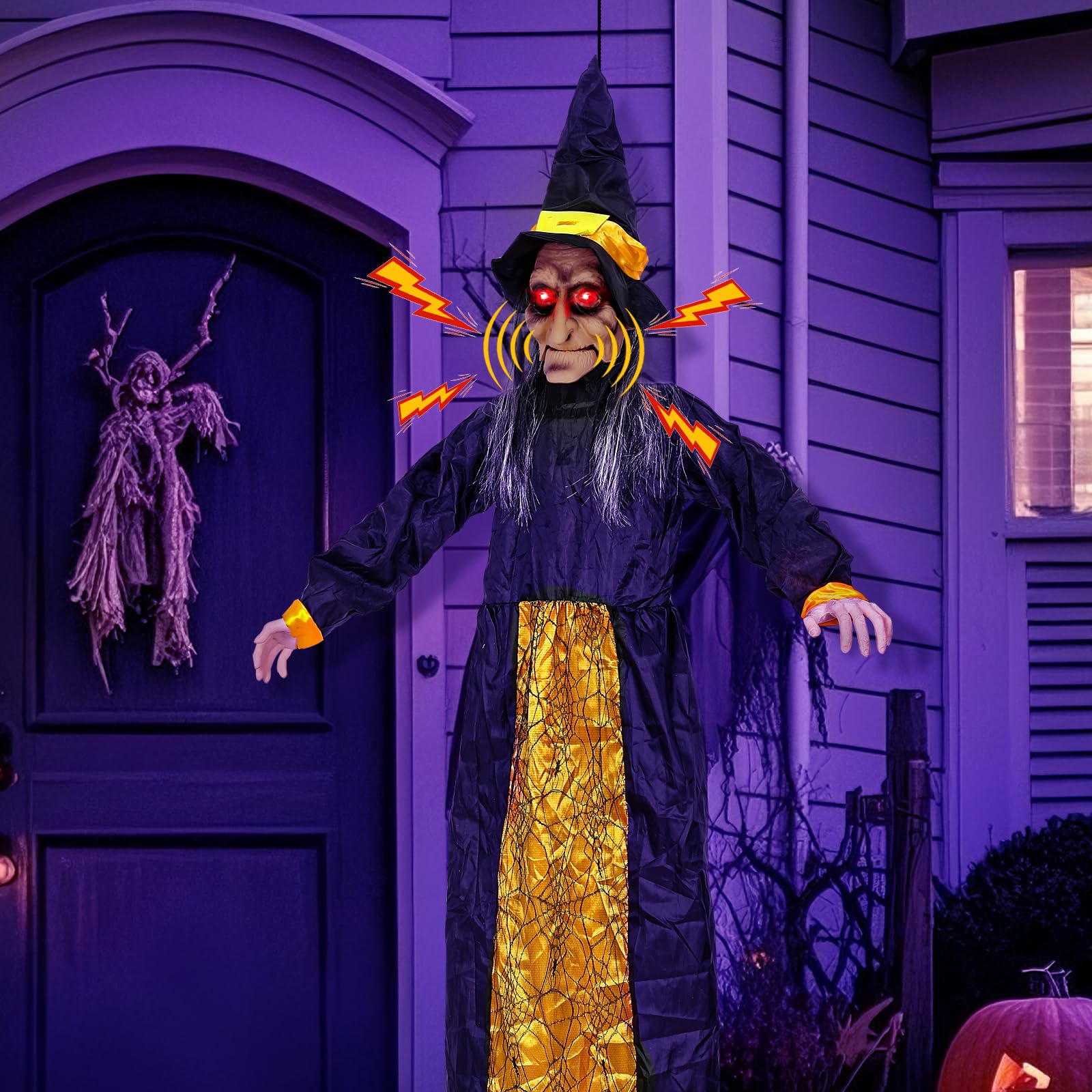 Lightess Halloween Decorations Outdoor, 6 Ft Halloween Animatronics with Creepy Sound, Light Up Eyes Hanging Witch Decor with So