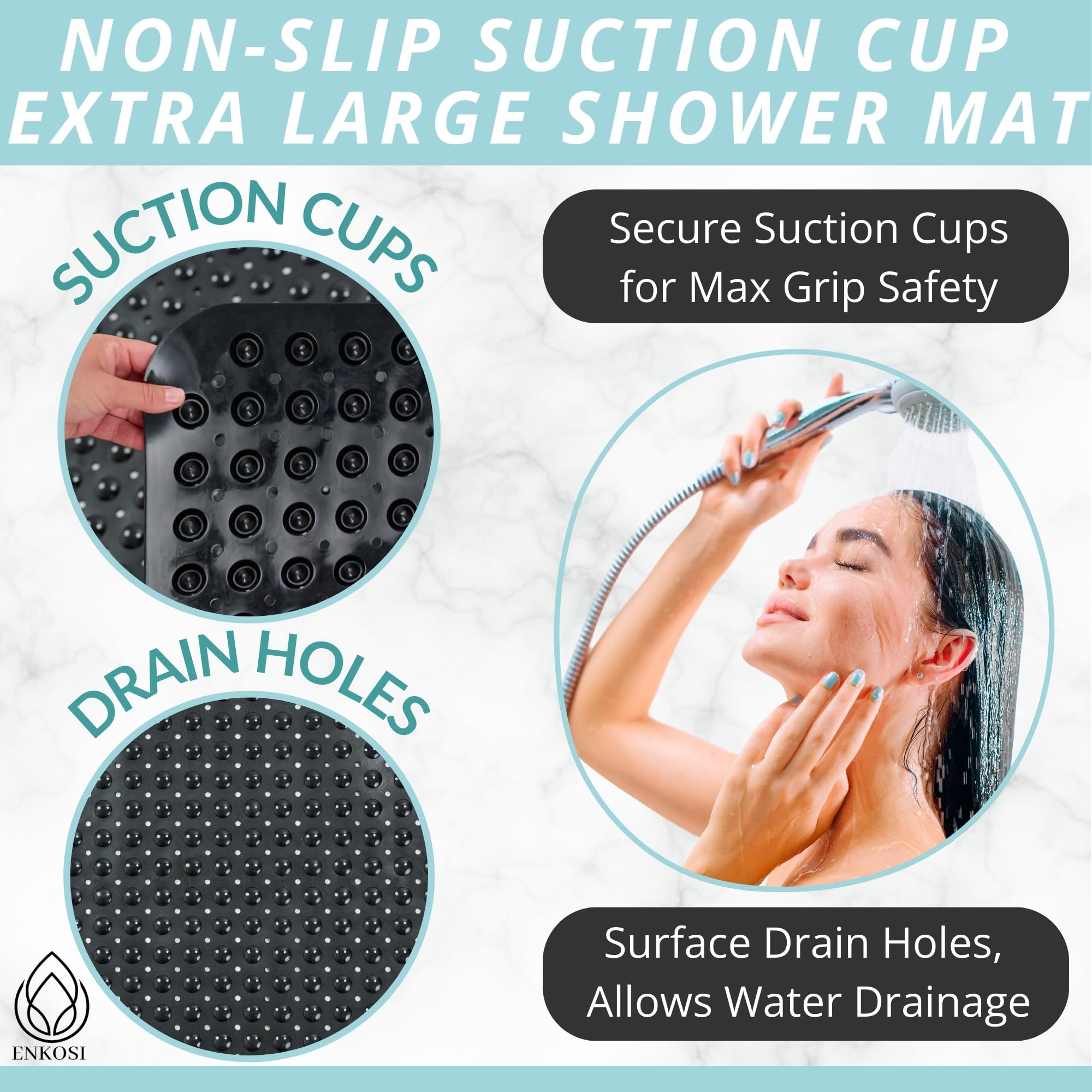 Enkosi Extra Large Shower Mat Non Slip - 47 X 32 Inch - Xl Bathroom Shower Mat - Large Shower Matts For Shower Stall Floors - Se