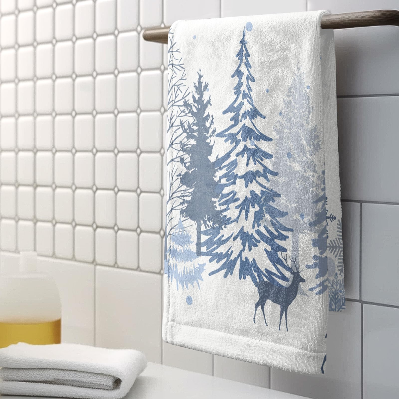 Kwlegh Winter Snowflake Christmas Tree Hand Bath Towels Deer Forest Xmas Deer Soft Washcloth Farmhouse Rustic Kitchen Guest Blue